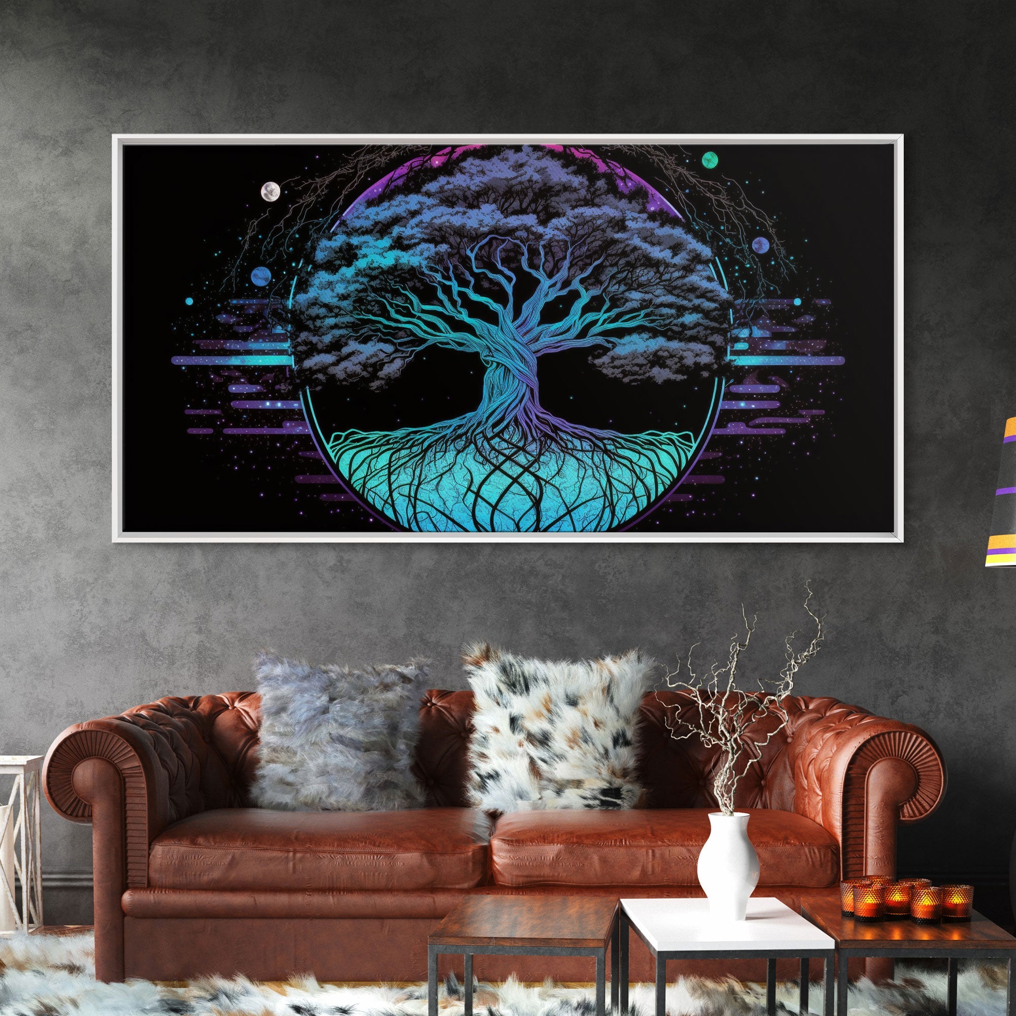 Norse Mythology Art, Synthwave Style Yggdrasil Tree of Life and the 9 Realms, Fantasy Art, Framed Canvas Print, Game Room Nordic Art | | Wiccan Center
