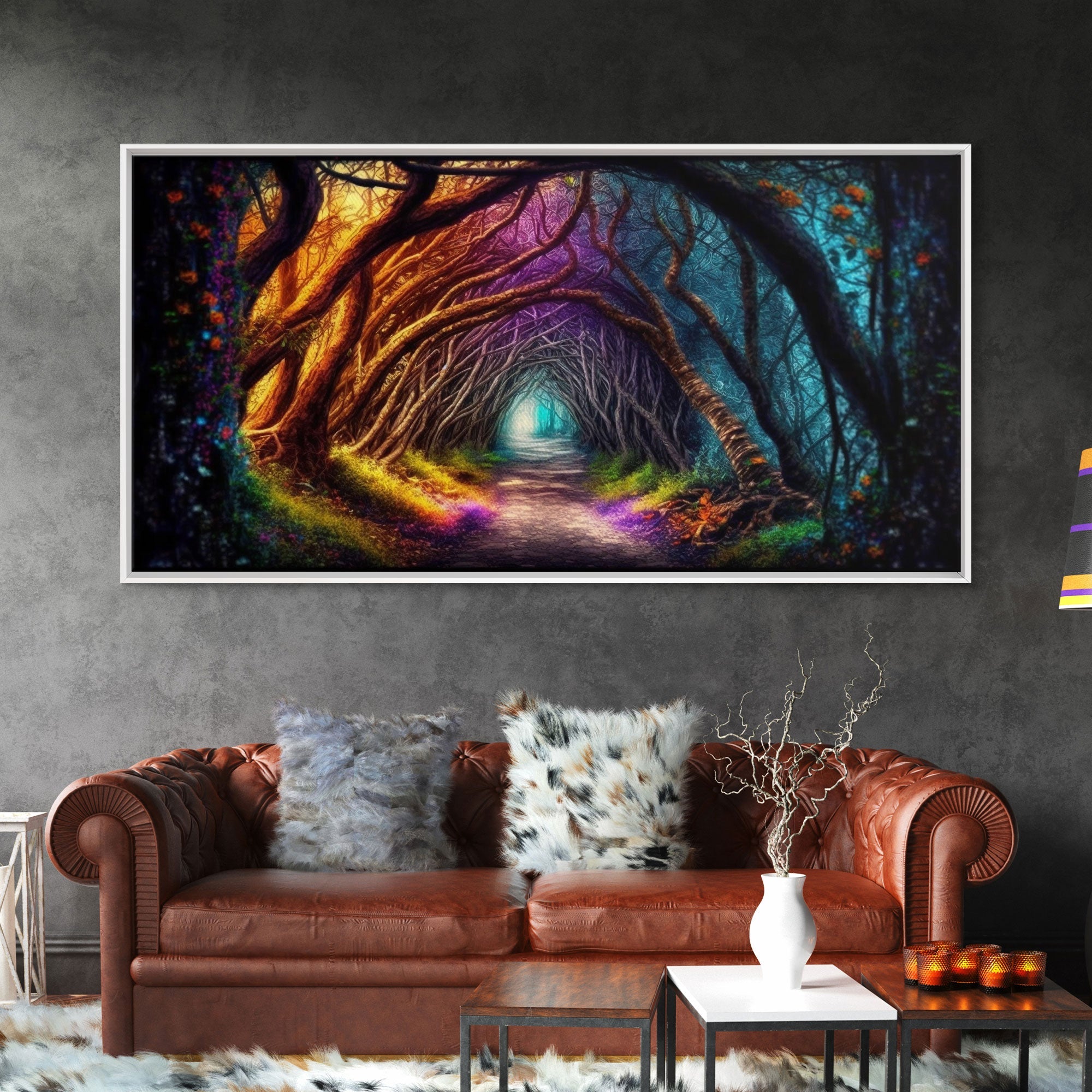 Secret Path, Fantasy Art, Pop Art Forest Landscape, Framed Canvas Print, Colorful Forest Painting, Living Room Art, Glowing Magical Forest | | Wiccan Center