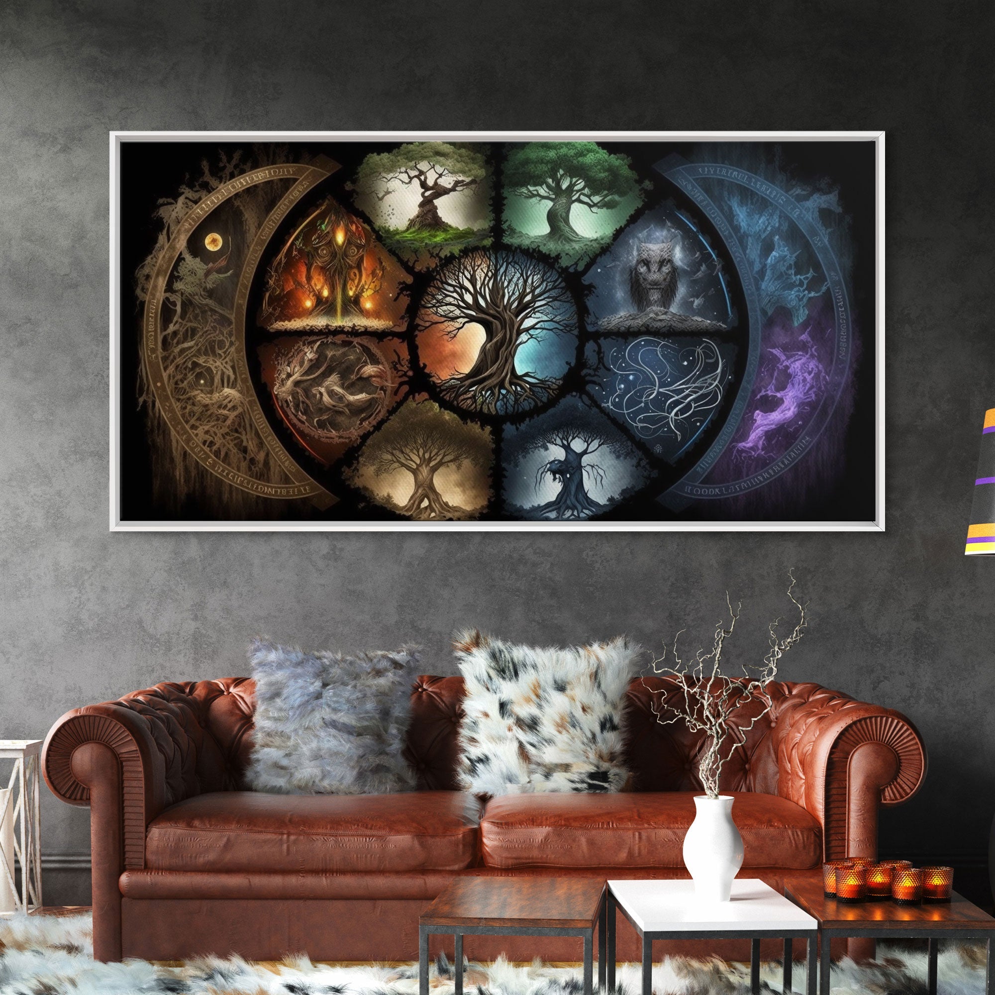 The Interconnected 9 Realms of Norse Mythology with Yggdrasil, Nordic Art, Framed Canvas Print, Nine Realms, Viking Art | | Wiccan Center