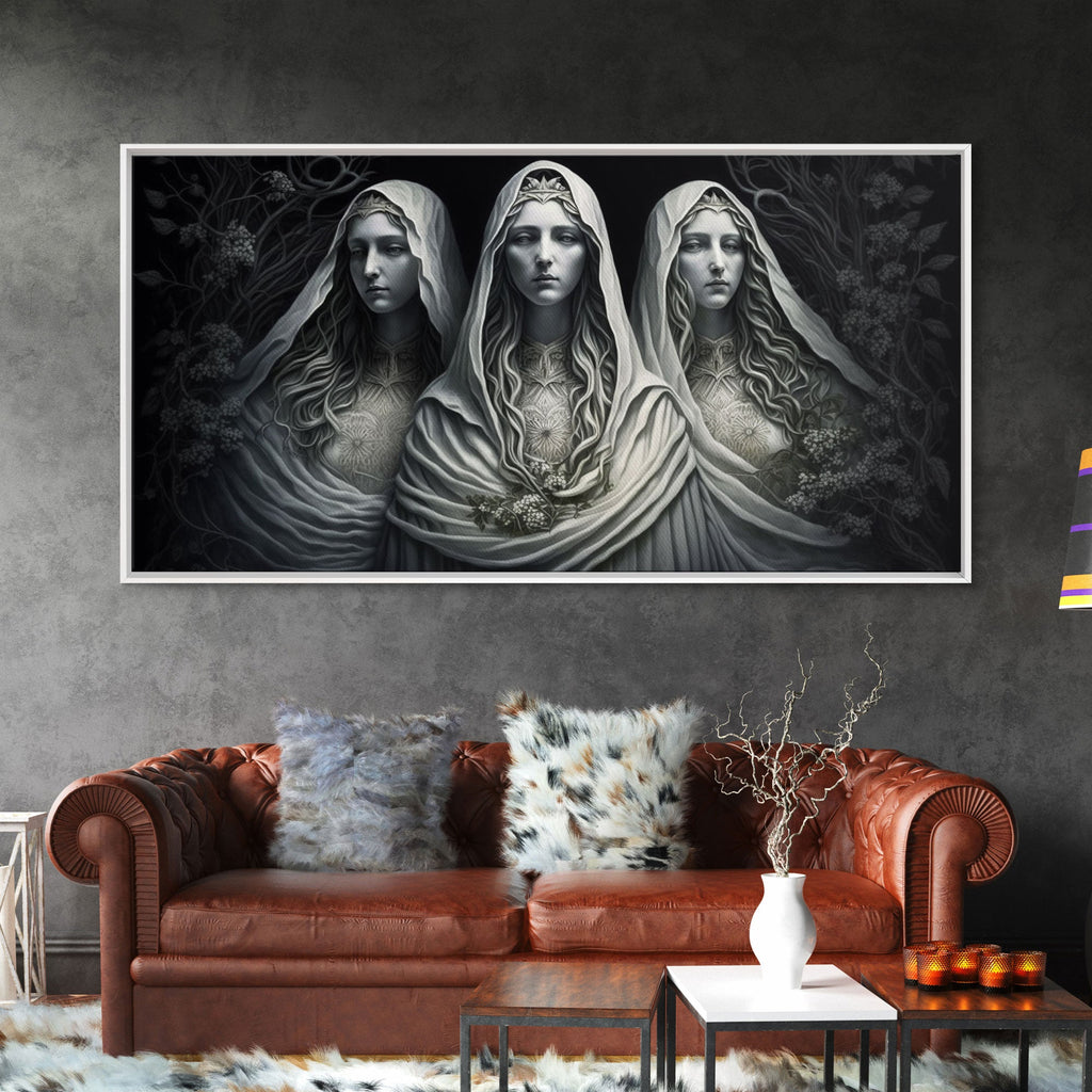 The Norns, Norse Mythology, Weavers of Fate, Framed Canvas Print, Urðr, Verðandi, and Skuld, Black and White Norse Fantasy Art | | Wiccan Center