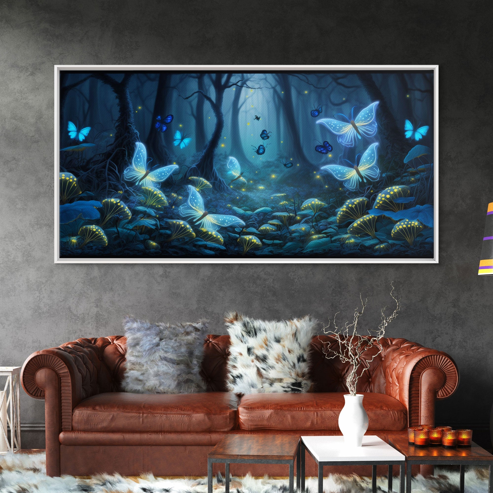 Magical Enchanted Fairy Forest, Fantasy Art, Framed Canvas Print, Bioluminescent Butterflies in an Enchanted Forest, Glowing Art | | Wiccan Center