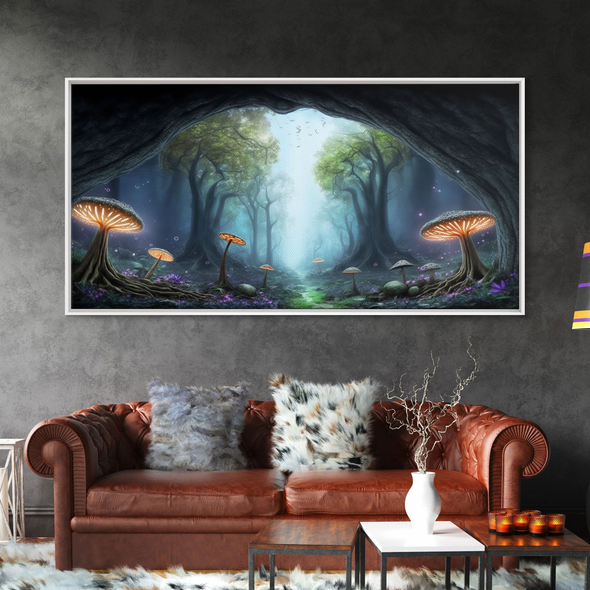 Magical Enchanted Mushroom Forest, Fantasy Art, Framed Canvas Print, Bioluminescent Butterflies in an Enchanted Forest, Glowing Art | | Wiccan Center