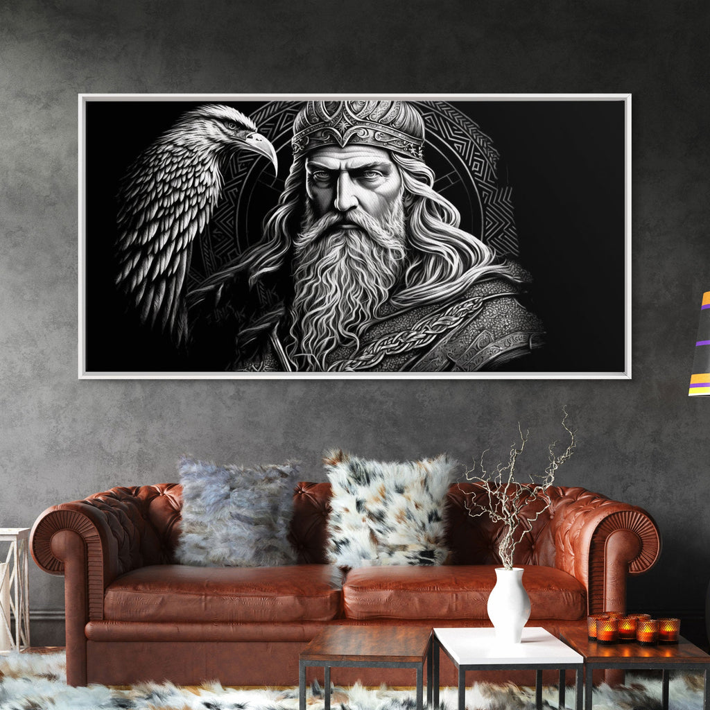 Black and White Portrait of Odin and Muninn, King of The Gods, Framed Canvas Print, Odin's Ravens, Norse Mythology Art | | Wiccan Center