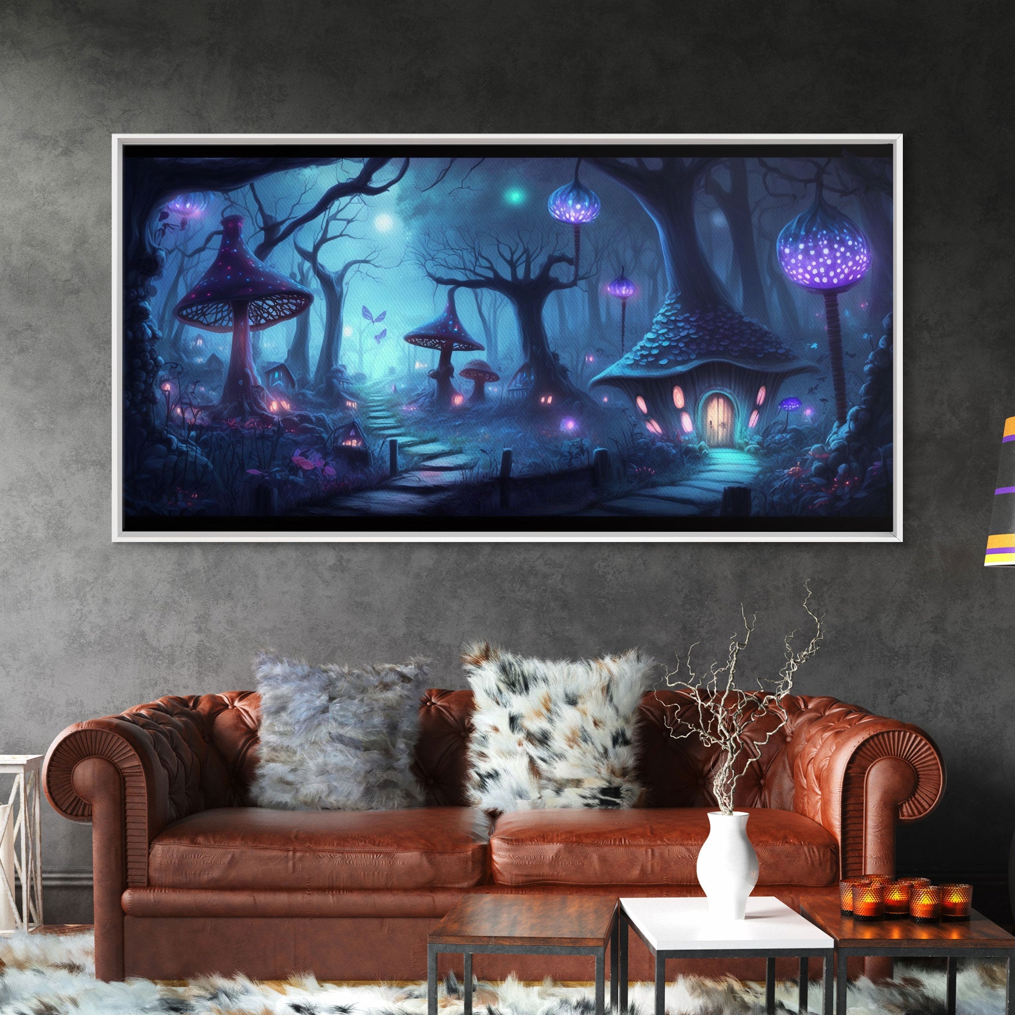 Magical Mushroom Fantasy Forest Wall Art, Framed Canvas Print, Game Room Art, Fantasy Decor | | Wiccan Center