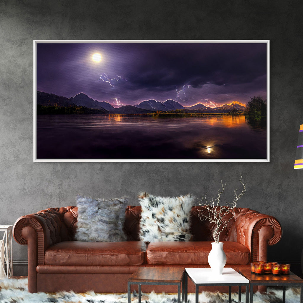 Full moon canvas print, Lightning storm over a mountain lake at night, cool wall art, awesome wall art