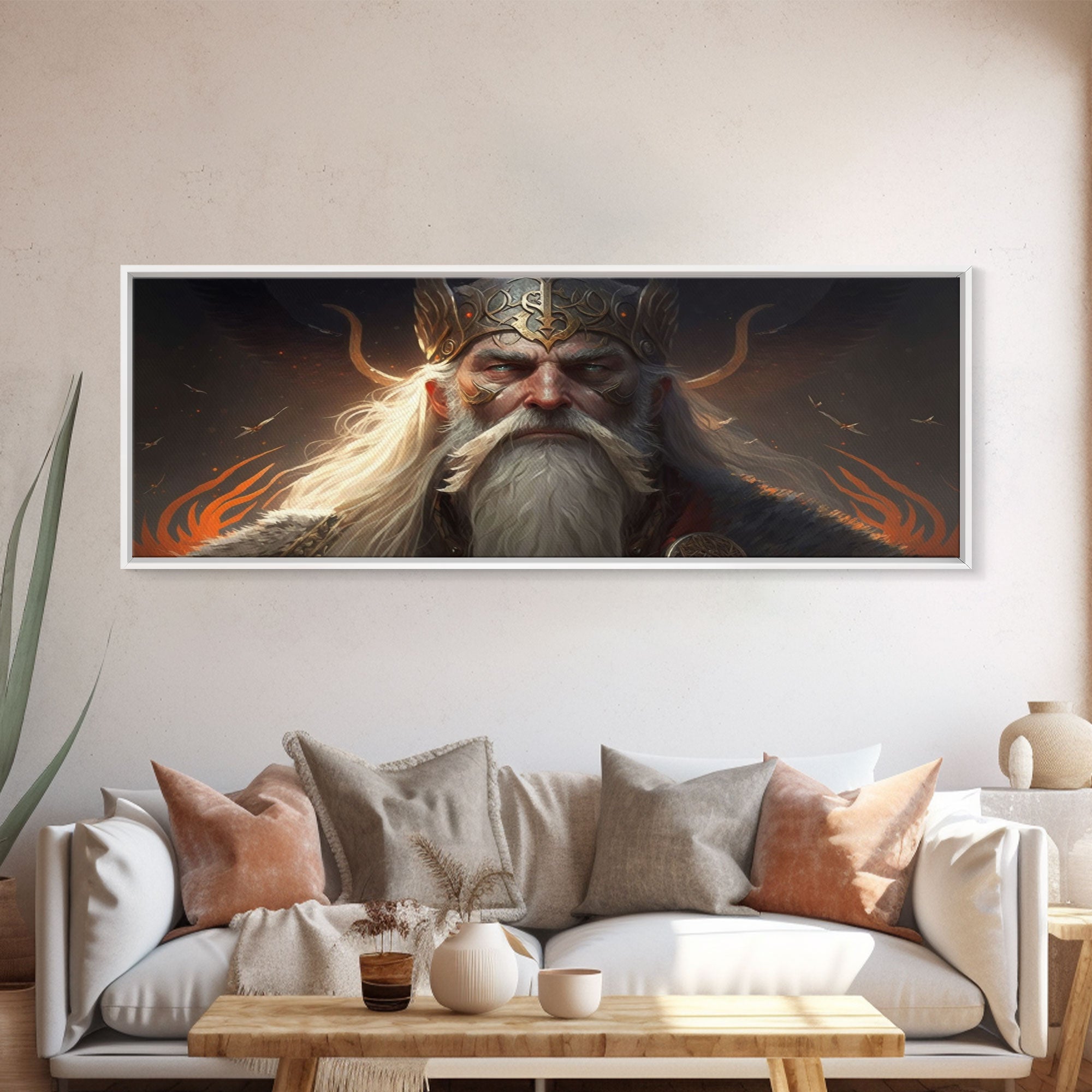Panoramic Portrait of Odin, Norse Mythology Painting, Framed Wall Art, Man Cave Decor | | Wiccan Center