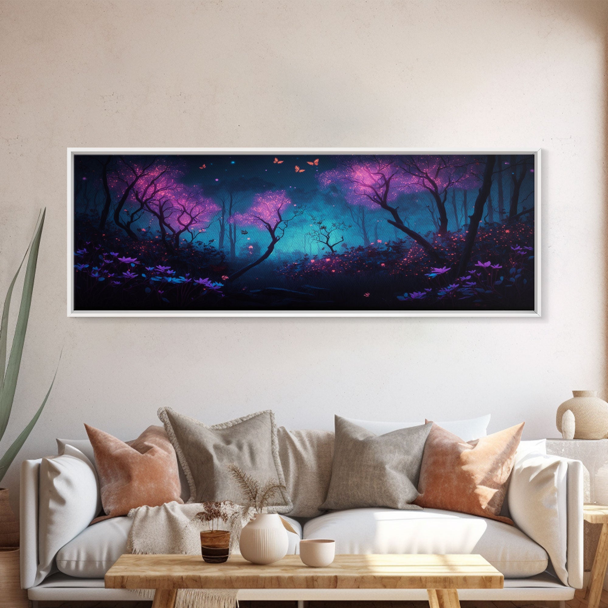 Beautiful Fantasy Forest, Framed Canvas Print, Fantasy Art, Butterflies and Fireflies Light up a Fairy Forest At Night, Framed Wall Art | | Wiccan Center