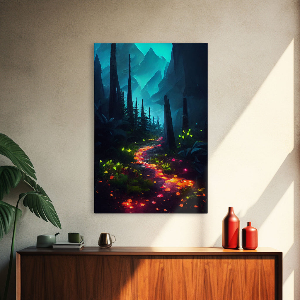 Luminescent magical forest canvas print, glowing trail though the trees, fantasy art, gloomy wall art, dark decor | | Wiccan Center