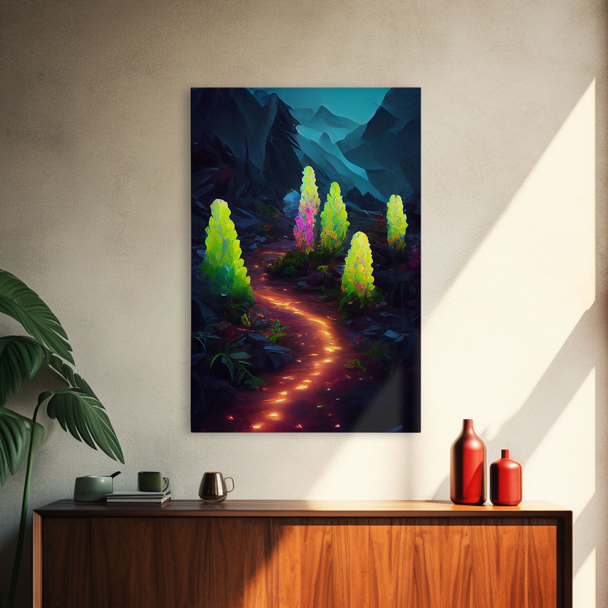 Magical forest canvas print, glowing mushroom art, fantasy forest wall art, gloomy dark home decor, luminescent forest trail wall art | | Wiccan Center