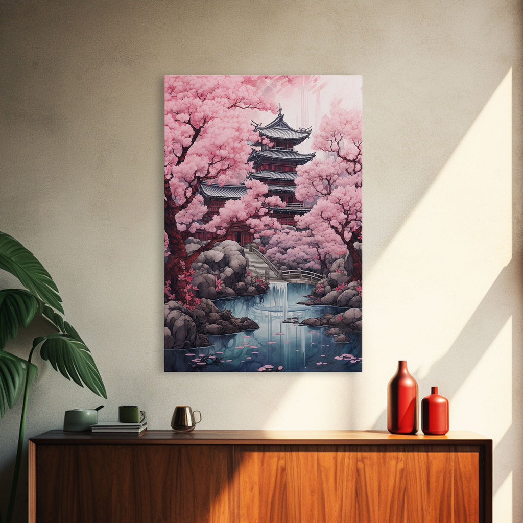 Pagoda Wall Art, Japanese Wall Art, Asian Art, Cherry Blossom Tree, Canvas Print, Wall Art, Vertical Art, Engagement Gift, Prints Wall Art | | Wiccan Center