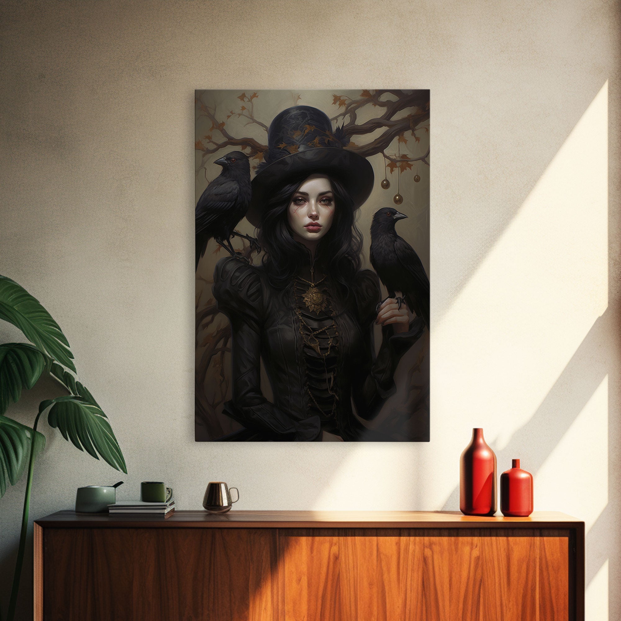 The Witch and Her Ravens, Framed Canvas, Oil Painting Print, Halloween Decor, Gothic Art, Dark Academia, Witchcraft Halloween Art | | Wiccan Center