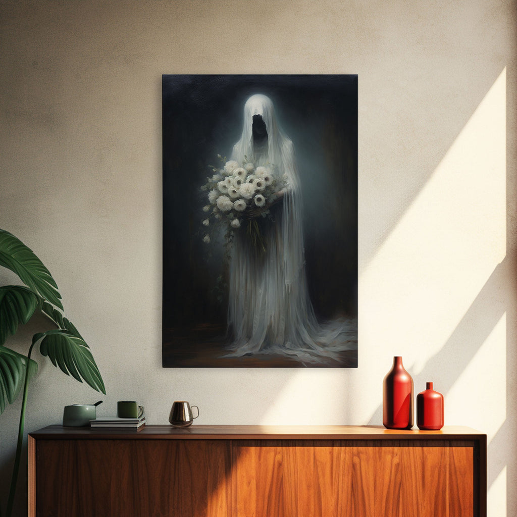 The Ghost With The Flowers, Halloween Canvas Print, Framed Canvas, Unique Wall Art, Goth Art, Dark Academia, Witch Art, Witchcraft | | Wiccan Center
