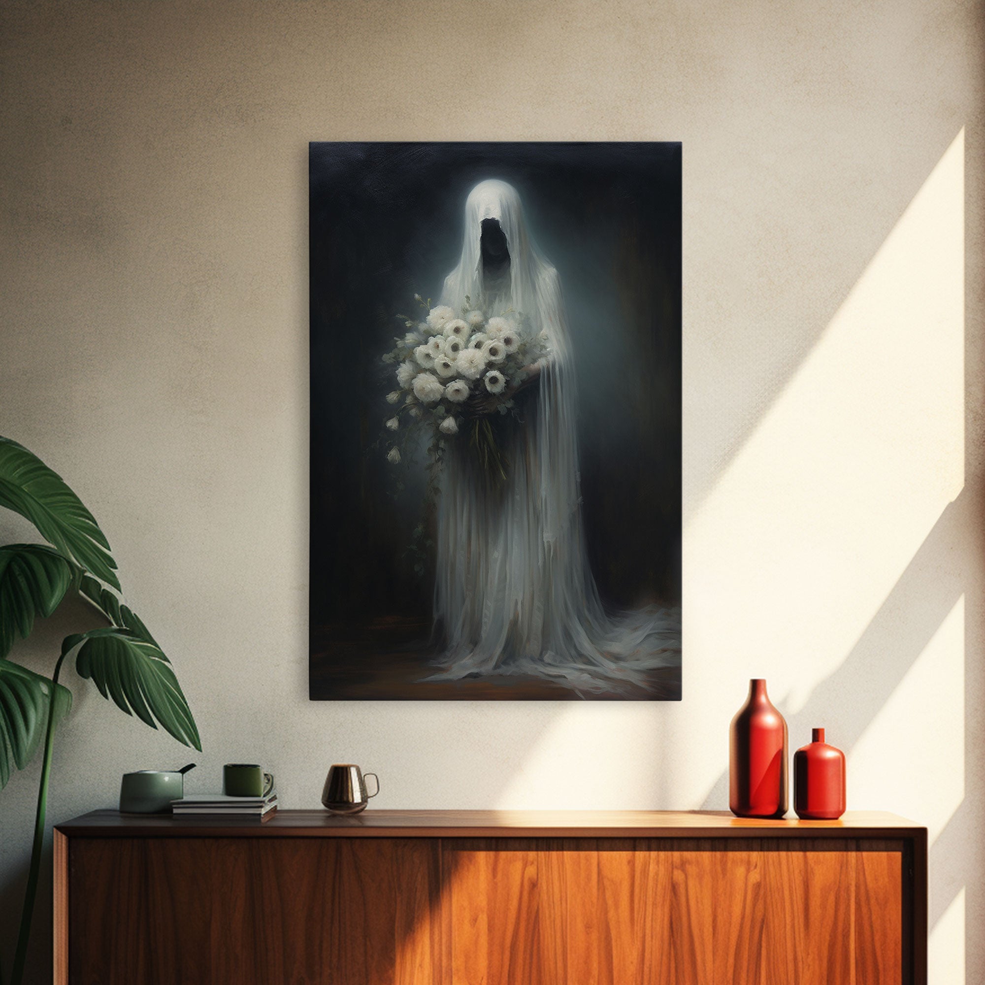 The Ghost With The Flowers, Halloween Canvas Print, Framed Canvas, Unique Wall Art, Goth Art, Dark Academia, Witch Art, Witchcraft | | Wiccan Center