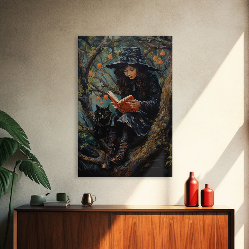 Cute Witch Reading Spells To Her Black Cat Familiar, Vintage Halloween Art, Framed Canvas Print, Halloween Canvas Art, Witchcraft | | Wiccan Center