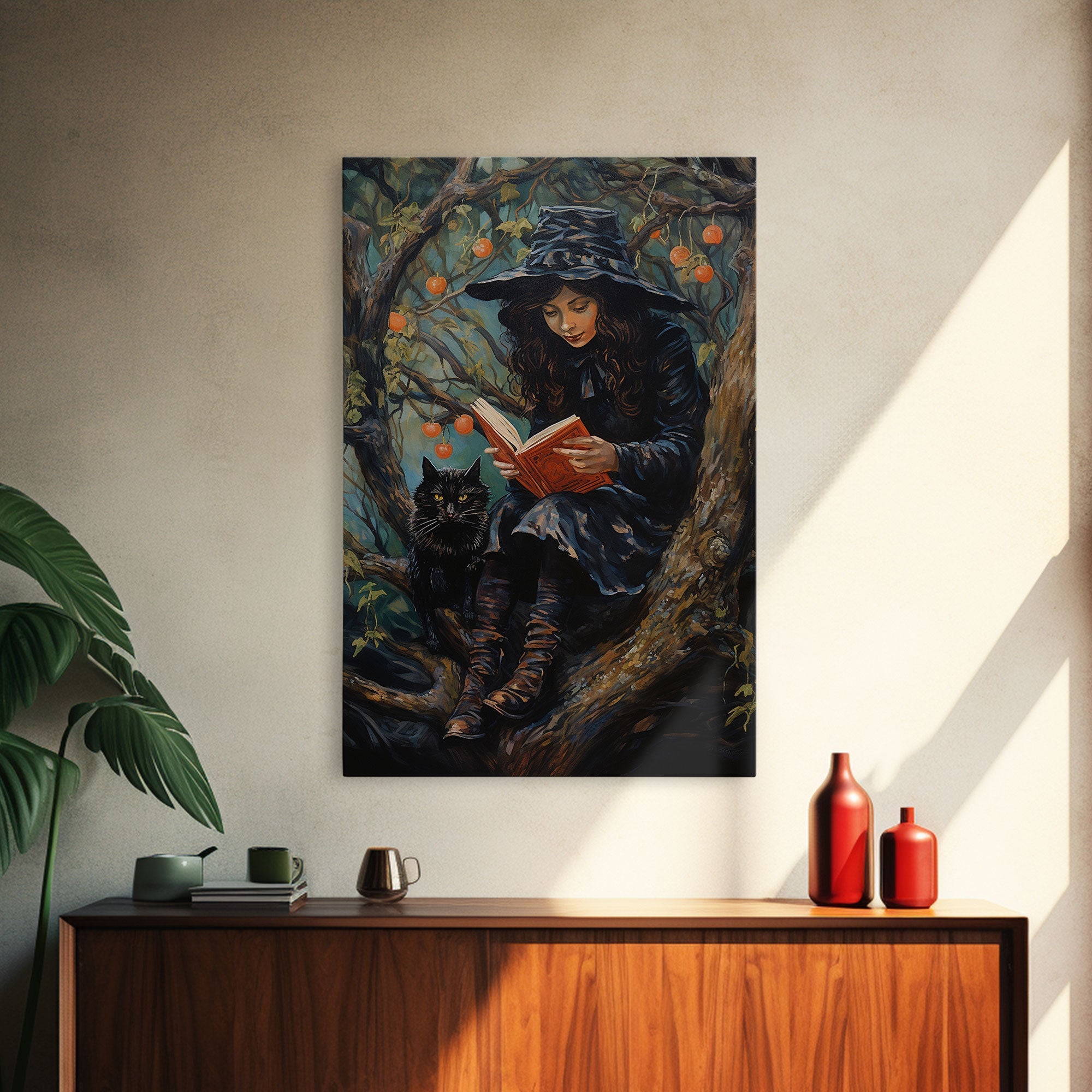 Cute Witch Reading Spells To Her Black Cat Familiar, Vintage Halloween Art, Framed Canvas Print, Halloween Canvas Art, Witchcraft | | Wiccan Center