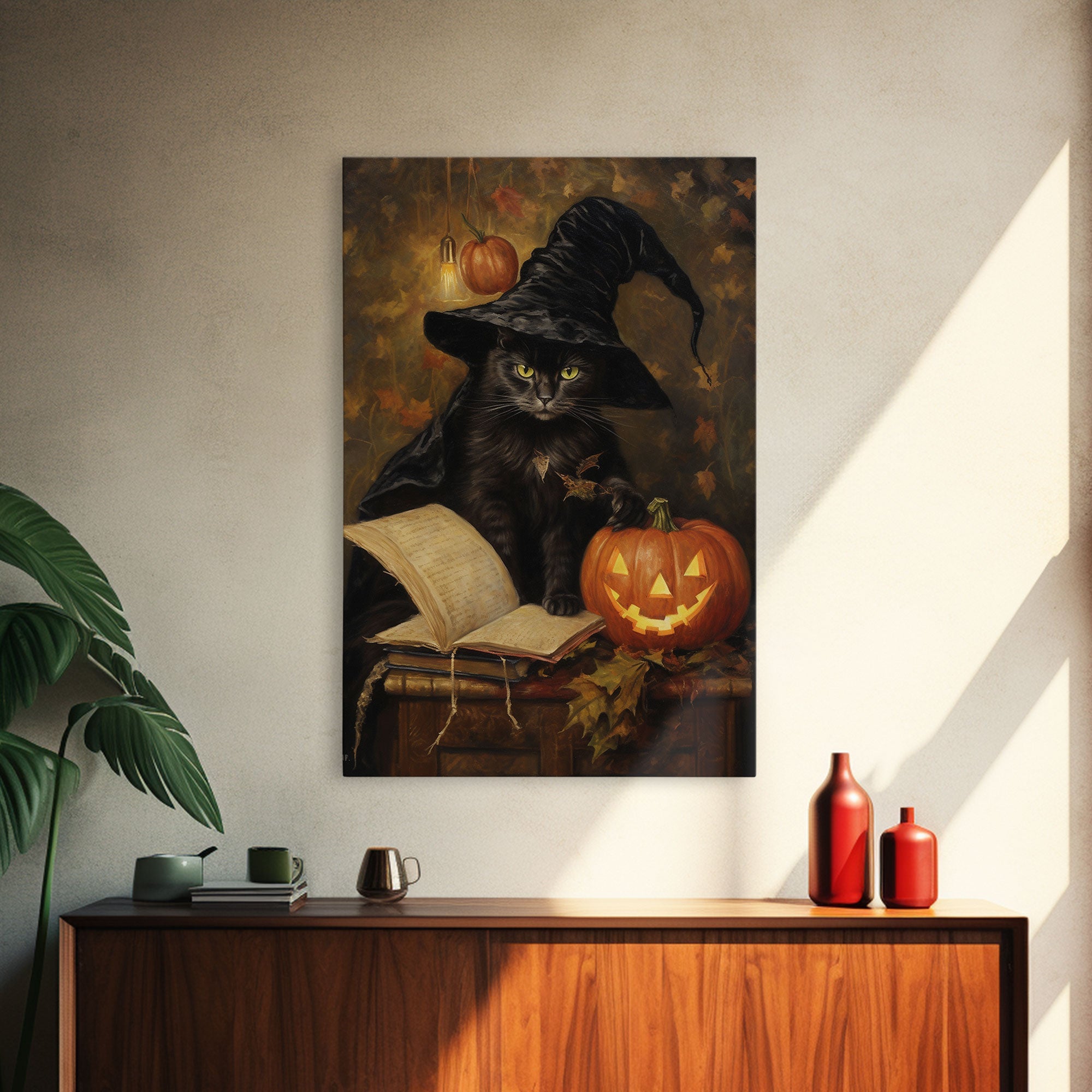 Cute Witch Cat Reading Her Book Of Spells, Vintage Halloween Art, Framed Canvas Print, Halloween Canvas Art, Witchcraft | | Wiccan Center