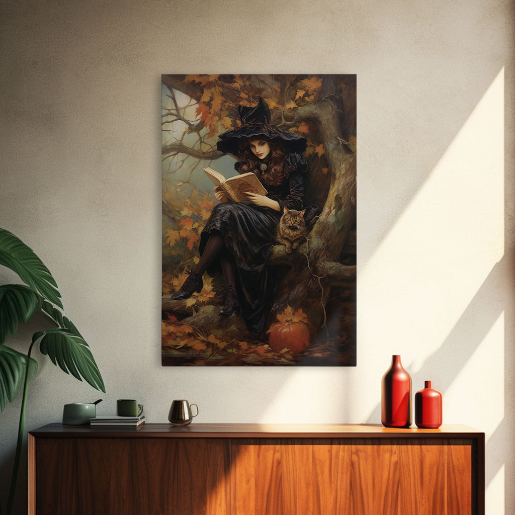 Pretty Witch Reading Spells To Her Black Cat Familiar, Vintage Halloween Art, Framed Canvas Print, Halloween Canvas Art, Witchcraft | | Wiccan Center
