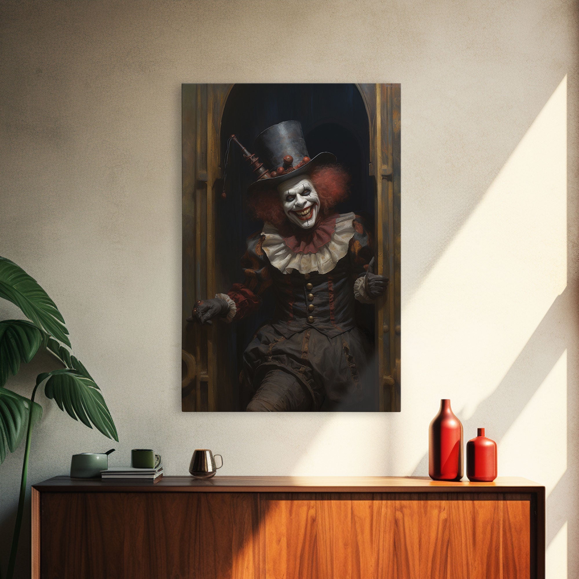 Scary Victorian Clown, Coulrophobia, Framed Canvas Print, Victorian Gothic Halloween Art, Oddities and Curiosities, Halloween Decoration