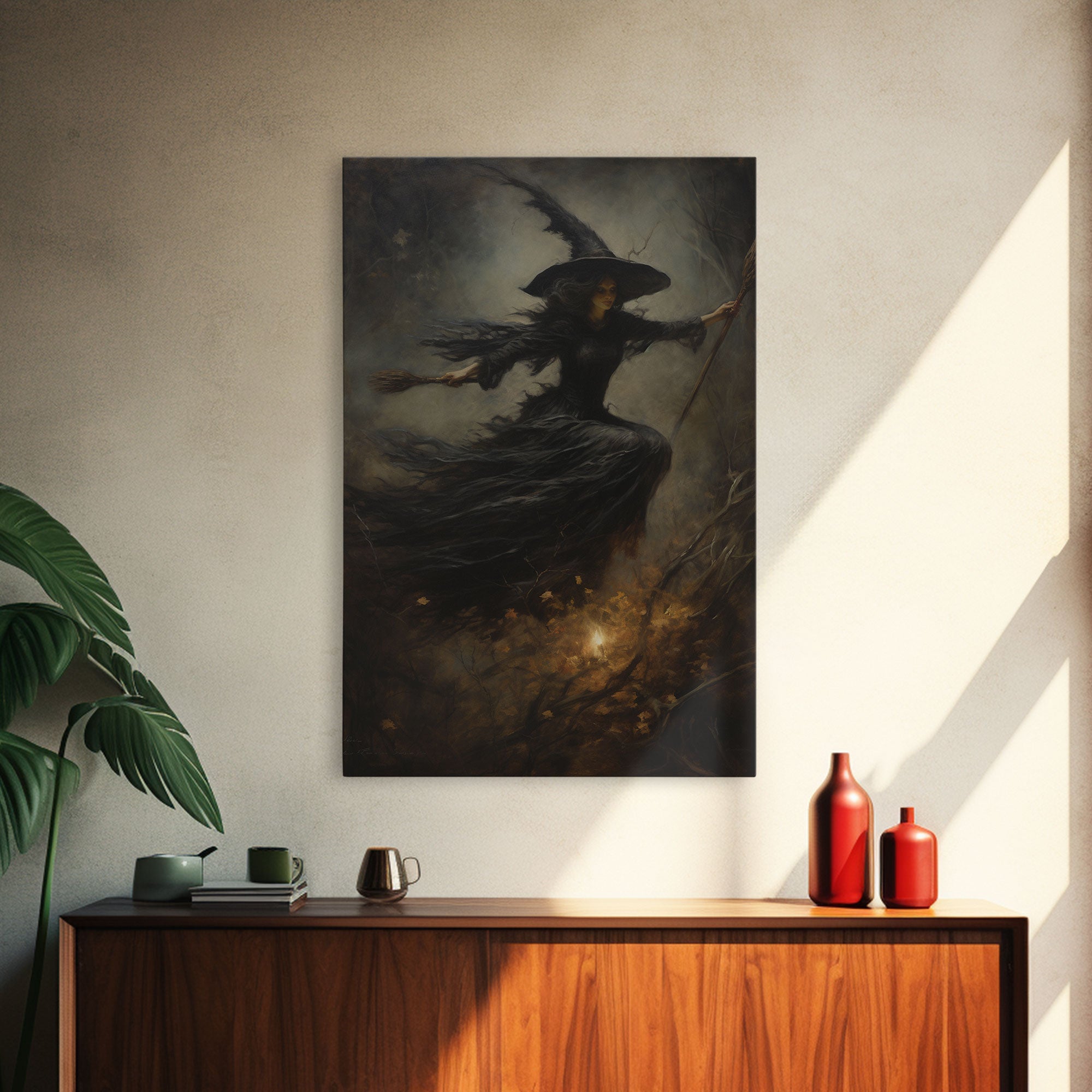 Spooky Season Witch Decor, Witch Painting Framed Canvas Print, Halloween Art, Witch Art, Witchcraft, Witch Decor, Felt Witch Hat | | Wiccan Center