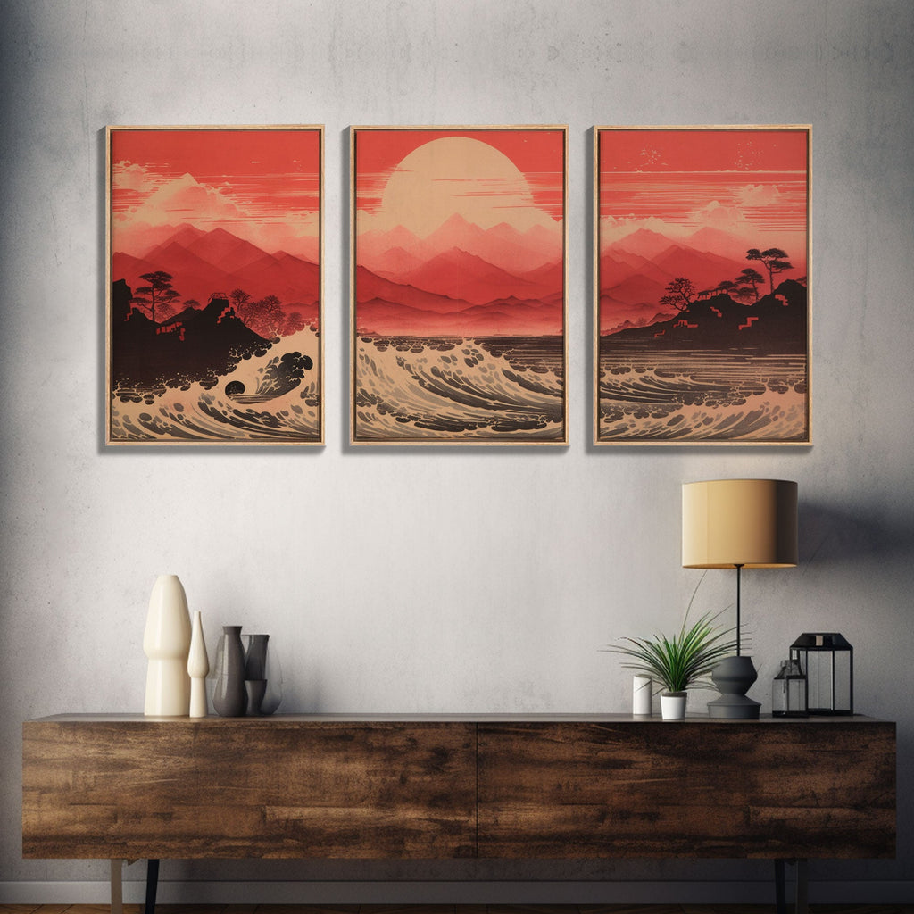 Ocean Wall Art, Ocean Waves, Mountains Print, Sunset Print, Canvas Print, Wall Art, 3 Piece Wall Art, Retro Wall Decor, Seascape Wall Art | | Wiccan Center