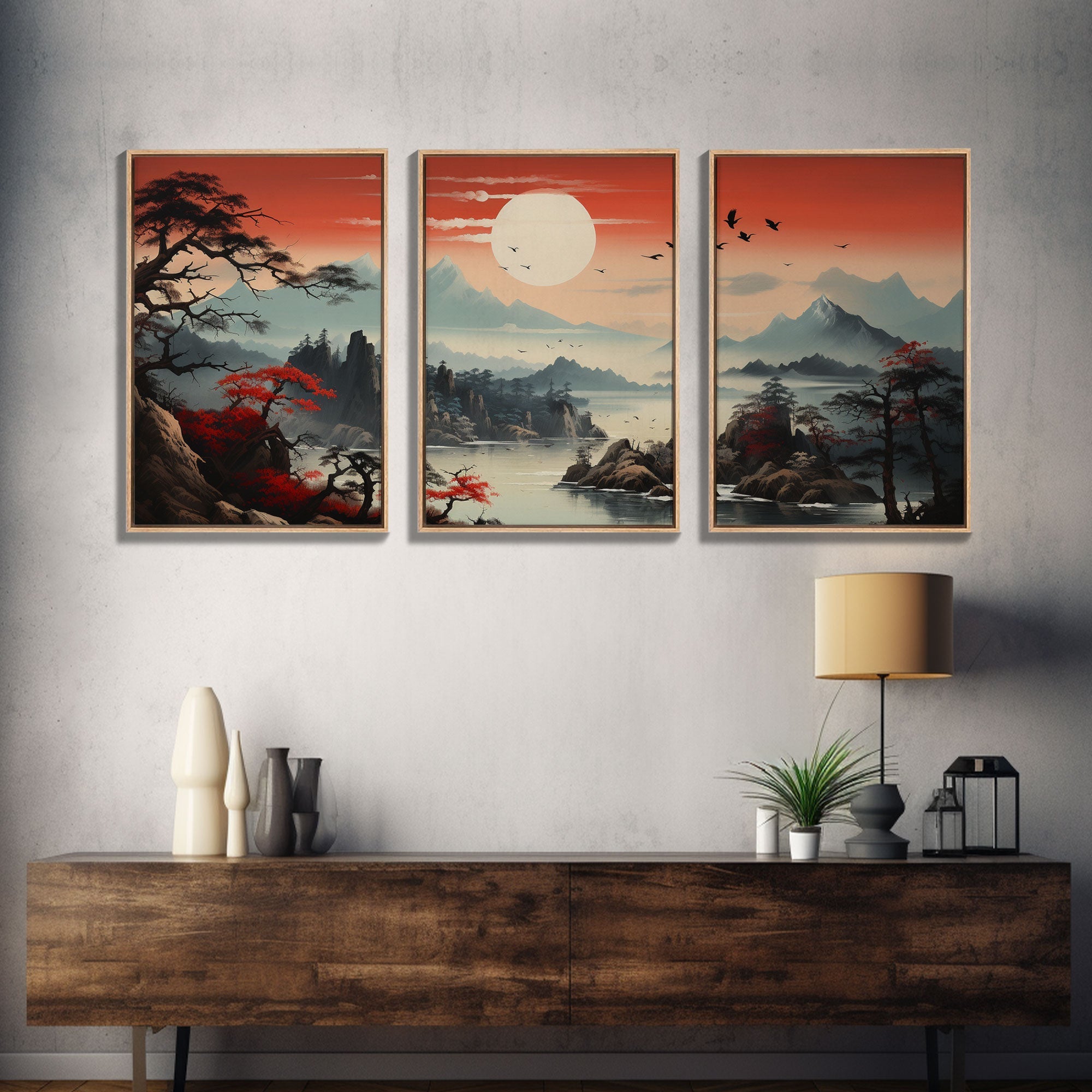 Japanese Wall Art, Mountains Print, Sunset Print, Canvas Print, Wall Art, 3 Piece Wall Art, Unique Wall Decor, Living Room Wall Art | | Wiccan Center