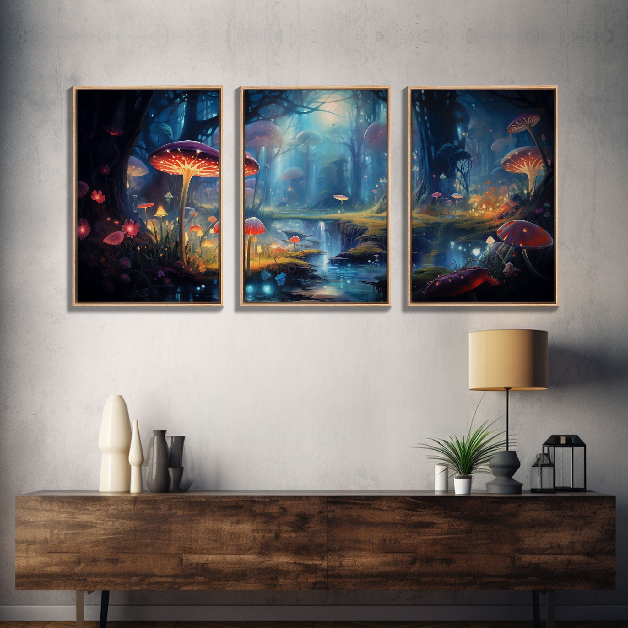 Magical dark forest art print on canvas, fantasy forest, oil style painting, large landscape wall art for home, ready to hang, 3 Piece Art | | Wiccan Center