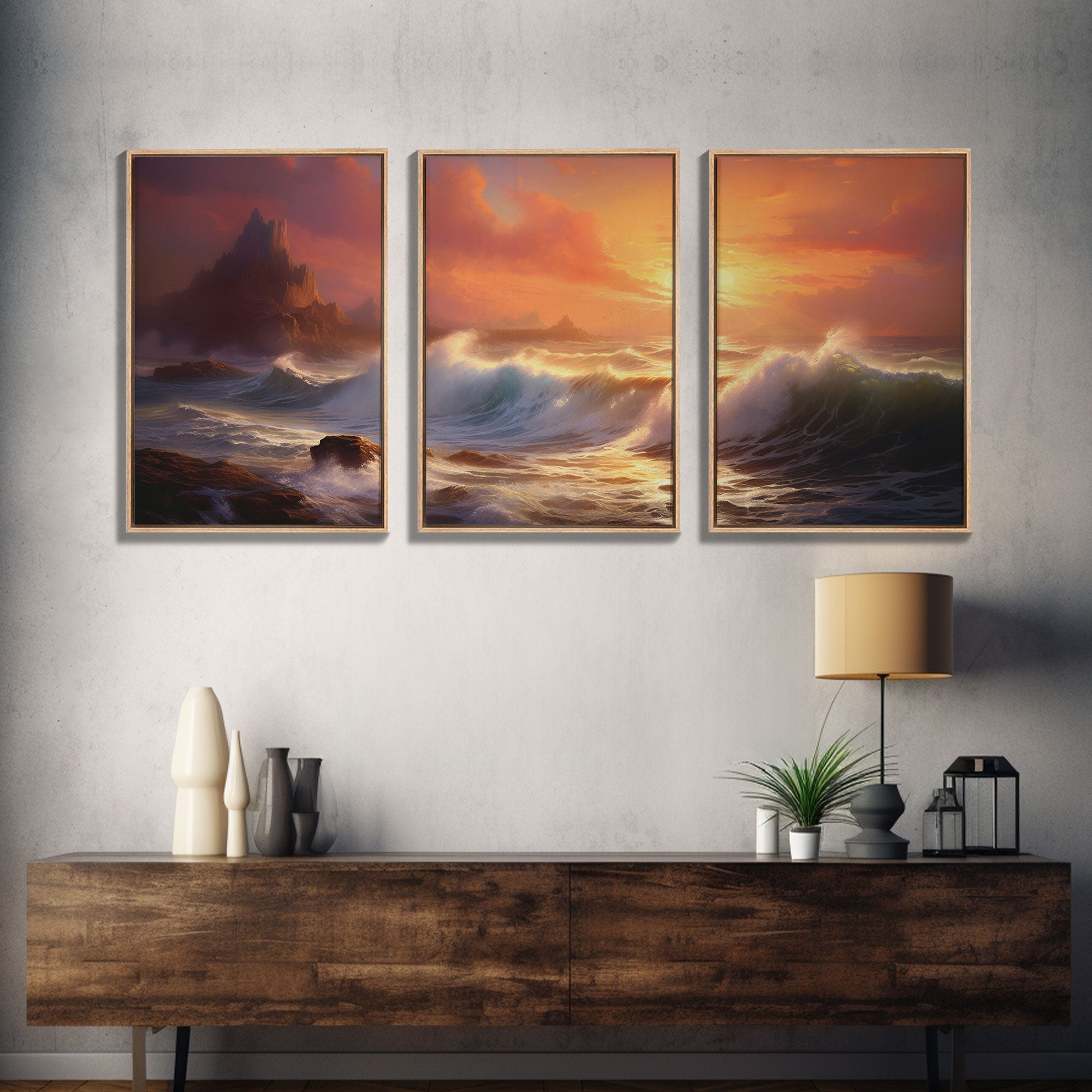 3 Piece Art Set, Seascape Painting Canvas Print, Beach House Decor, Sunset Painting, Original Painting, Boho Style Living Room Art | | Wiccan Center