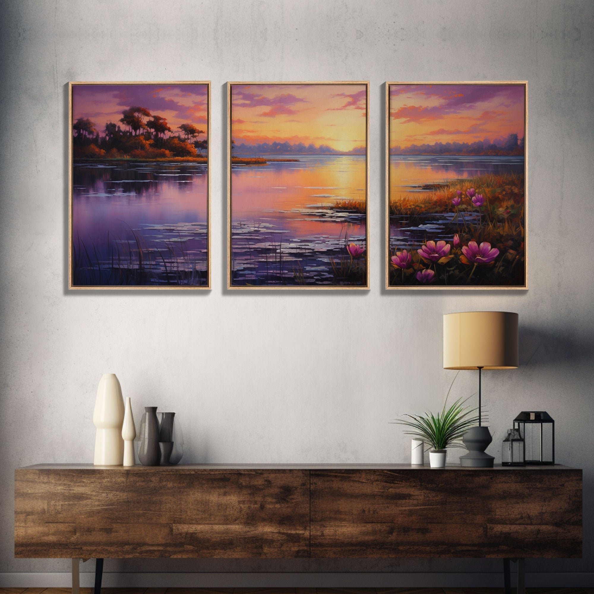 Beautiful 3 Piece Wall Art, Framed Canvas Print, 3 Piece Set, Lake House Decor, Sunset Over The Purple Marsh, Above Sofa Art | | Wiccan Center