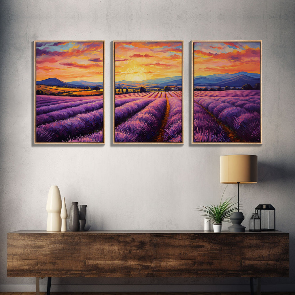 Purple Lavender Fields, 3 Piece Wall Art, Framed Canvas Print, Beautiful Original Landscape Painting, Sunset Painting, Farmhouse Decor | | Wiccan Center
