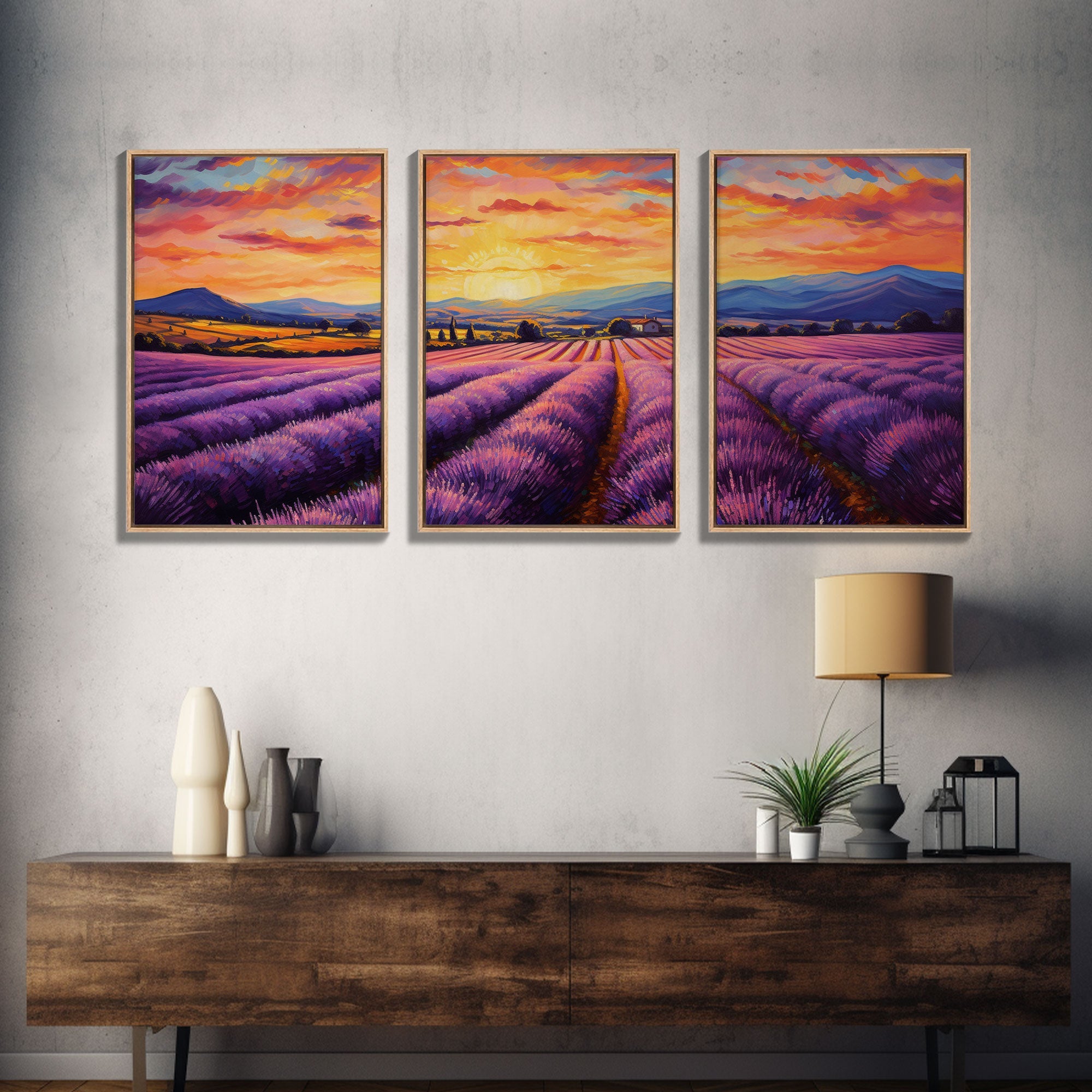 Purple Lavender Fields, 3 Piece Wall Art, Framed Canvas Print, Beautiful Original Landscape Painting, Sunset Painting, Farmhouse Decor | | Wiccan Center