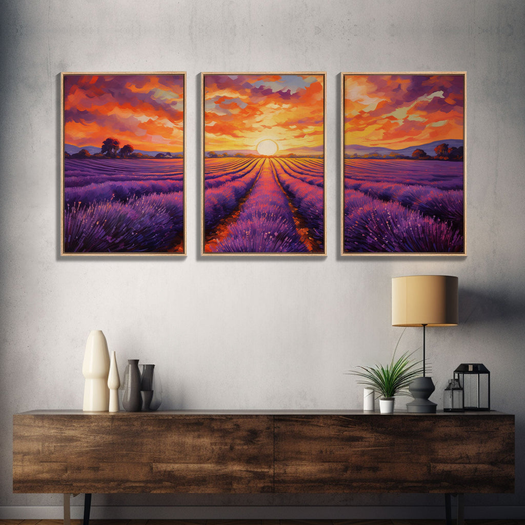 Purple Lavender Fields, 3 Piece Wall Art, Framed Canvas Print, Beautiful Original Landscape Painting, Sunset Painting, Farmhouse Decor | | Wiccan Center