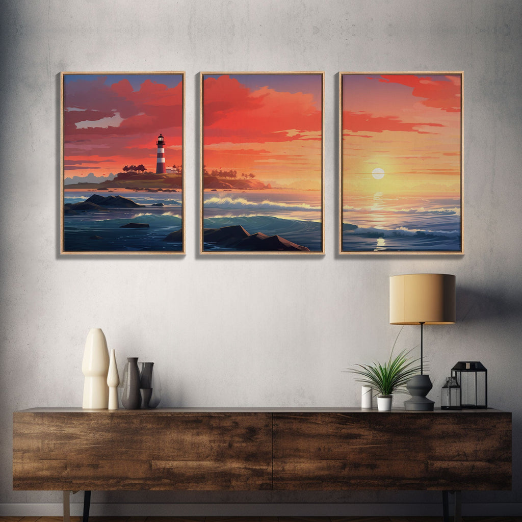 Sunset Wall Art, Light House Decor, Ocean Art Print, Canvas Print, Wall Art, 3 Piece Wall Art, Nautical Print, Seascape Art Print, Cozy Gift | | Wiccan Center