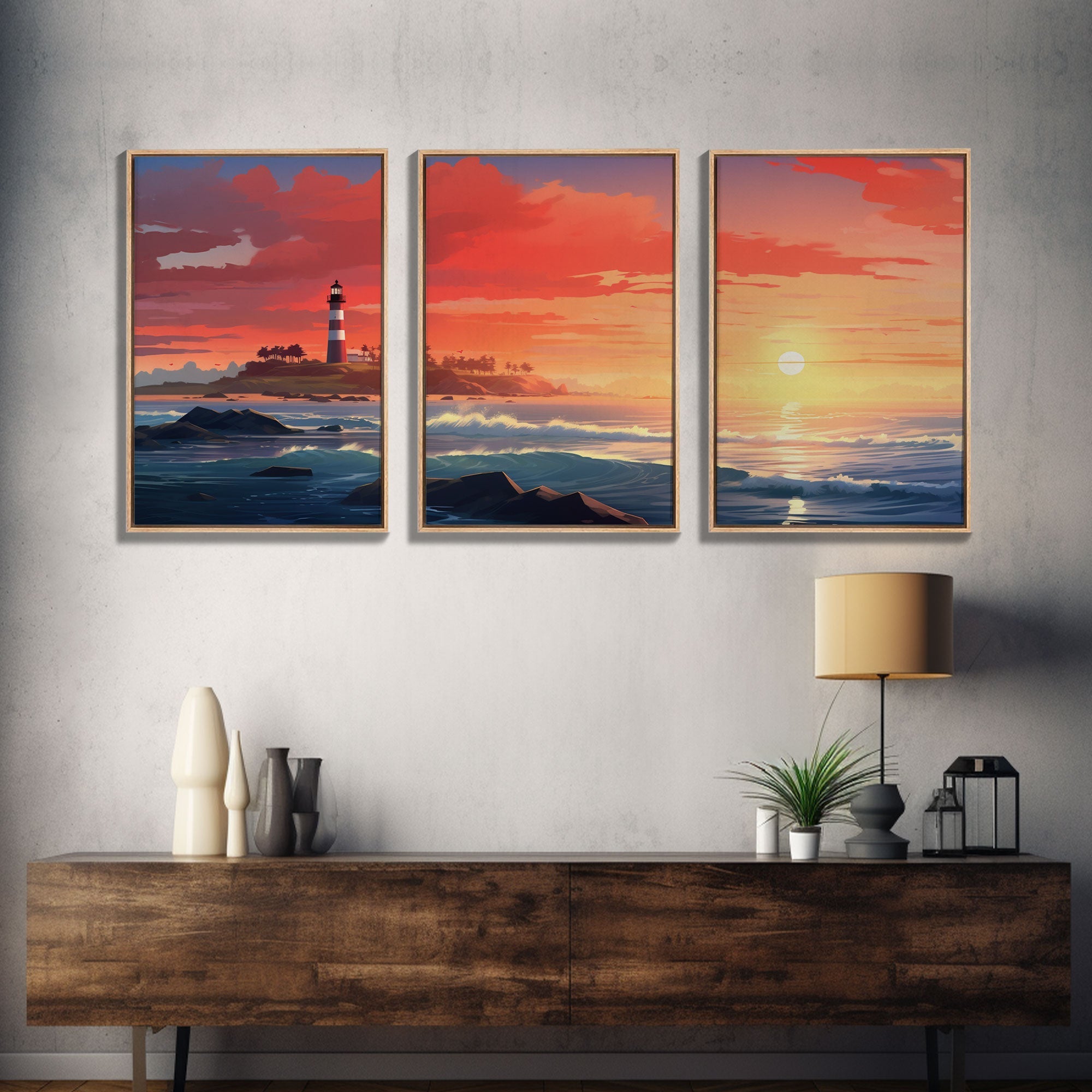 Sunset Wall Art, Light House Decor, Ocean Art Print, Canvas Print, Wall Art, 3 Piece Wall Art, Nautical Print, Seascape Art Print, Cozy Gift | | Wiccan Center