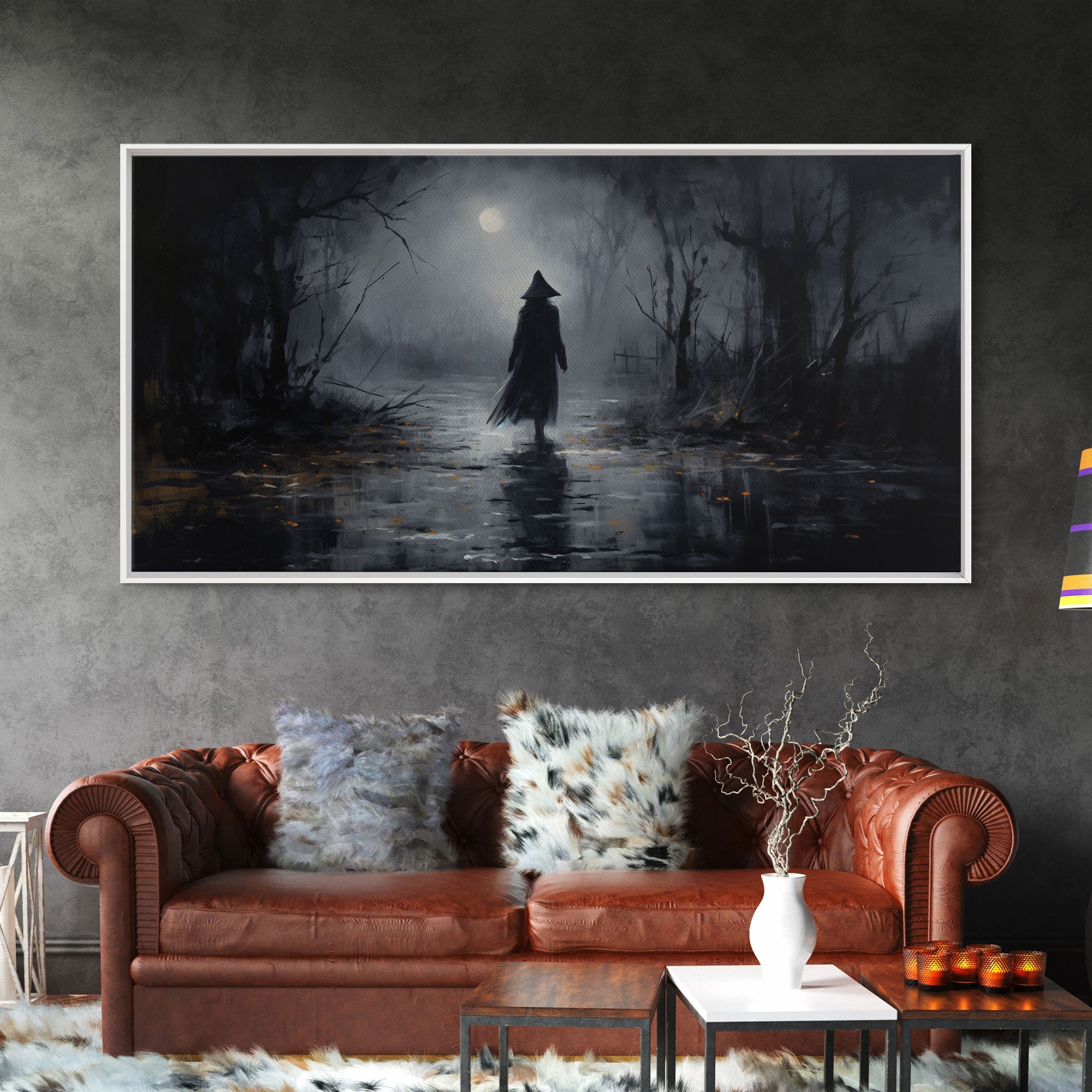 Witch Walking In The Rain Under A Full Moon, Witch Print, Framed Canvas or Poster, Victorian Oil Painting, Dark Academia, Witchcraft Decor | | Wiccan Center