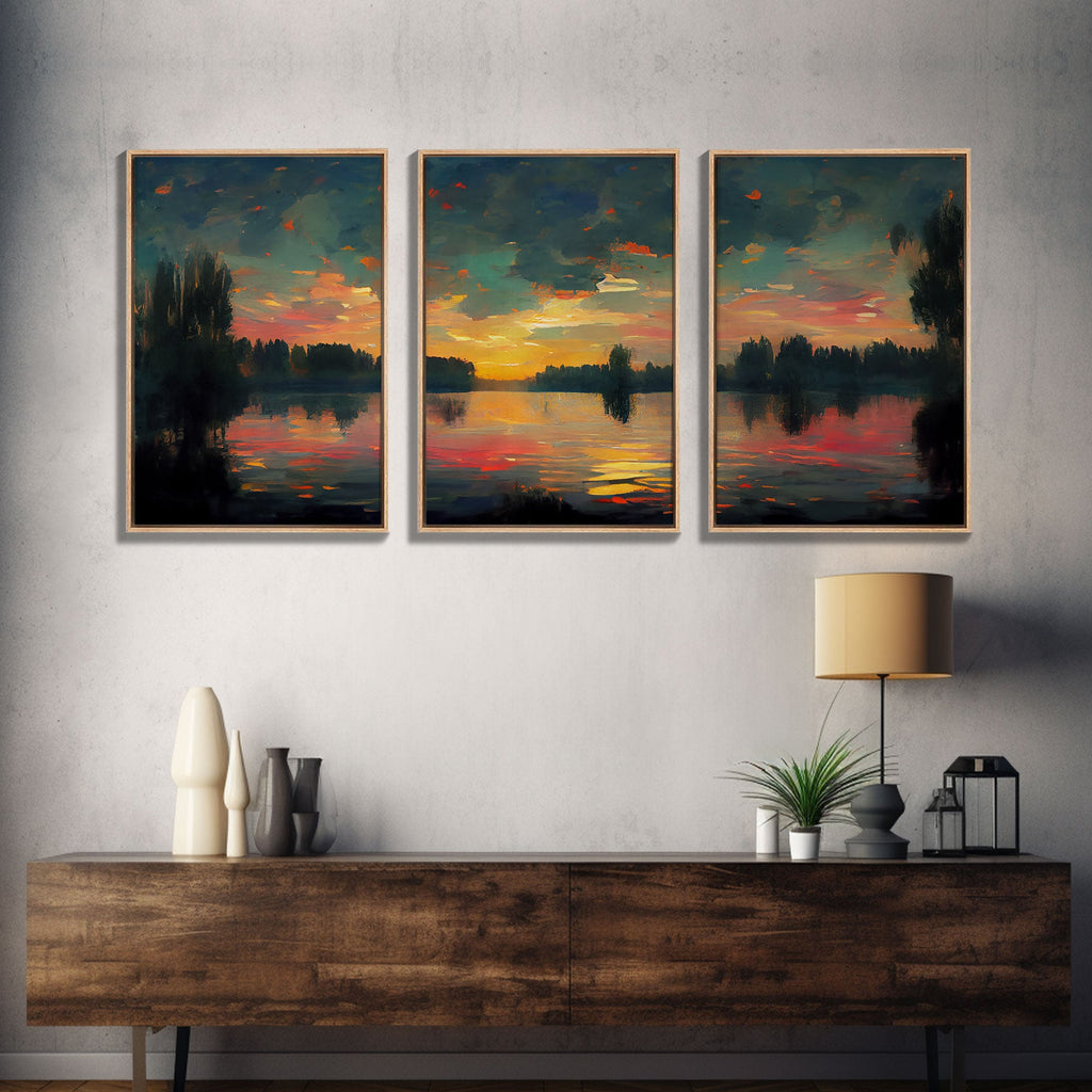 Lakehouse Canvas Print, watercolor painting of a sunset reflected on a lake, 3 Piece Wall Art, Ready To Hang Canvas Print | | Wiccan Center