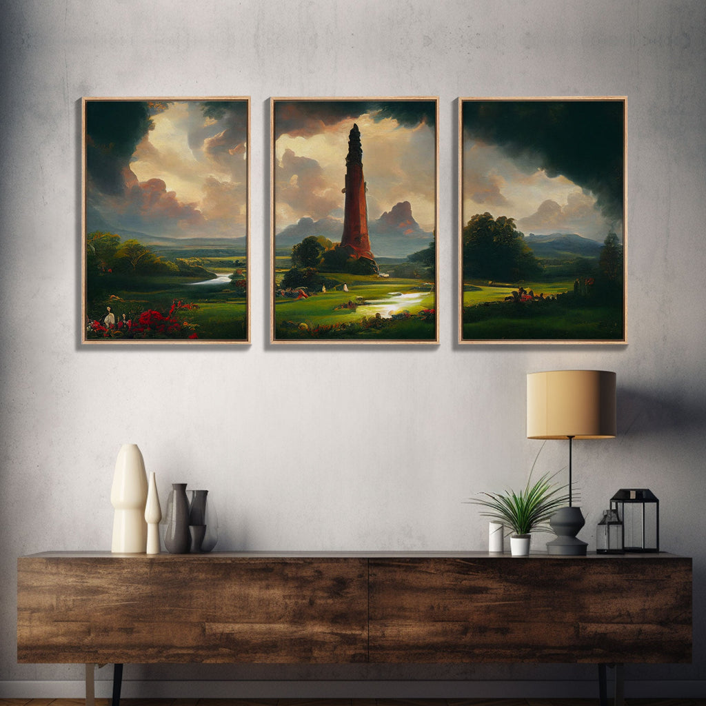 The Dark Tower, 3 Piece Panoramic Art, High Fantasy Concept Art, 3 Piece Wall Art, Ready To Hang Canvas Print | | Wiccan Center