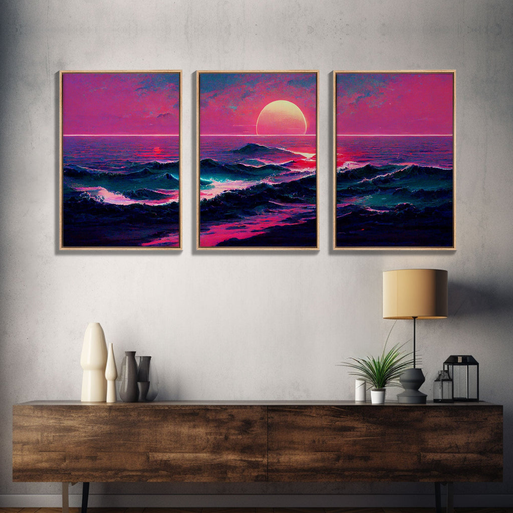 Outrun Style Synthwave Sunset Ocean Waves, 3 Piece Wall Art, Ready To Hang Canvas Print, Cool Unique Lakehouse Wall Art Decor | | Wiccan Center