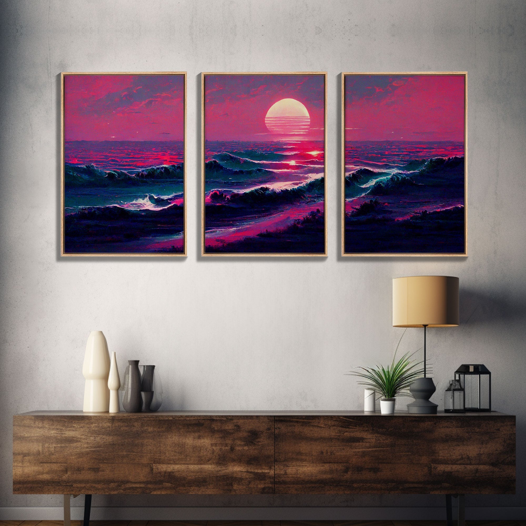 Outrun Style Synthwave Sunset Ocean Waves, 3 Piece Wall Art, Ready To Hang Canvas Print, Cool Unique Lakehouse Wall Art Decor | | Wiccan Center