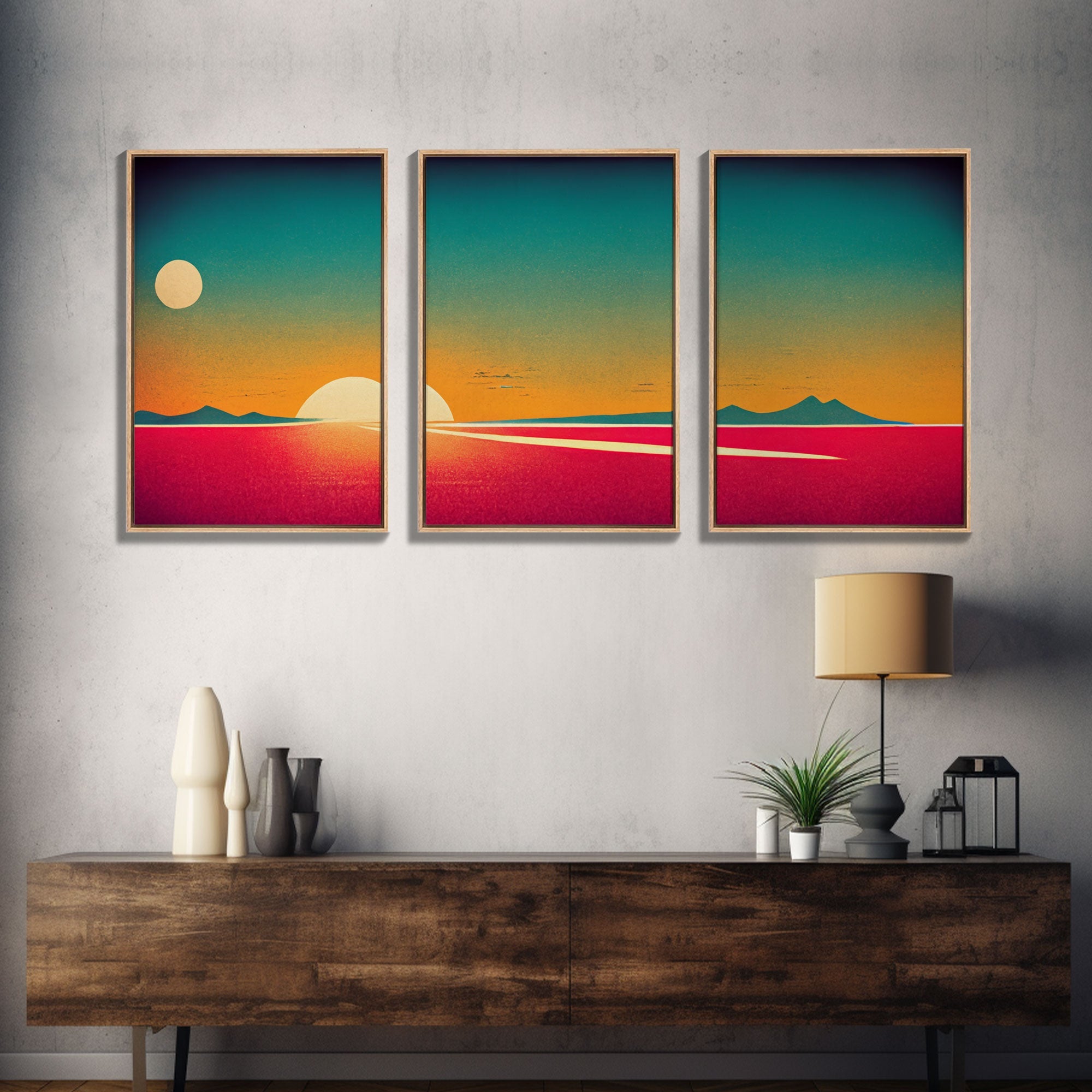 Art Deco Sunset, 3 Piece Wall Art, Ready To Hang Canvas Print, Cool Unique Living Room Wall Art Decor | | Wiccan Center