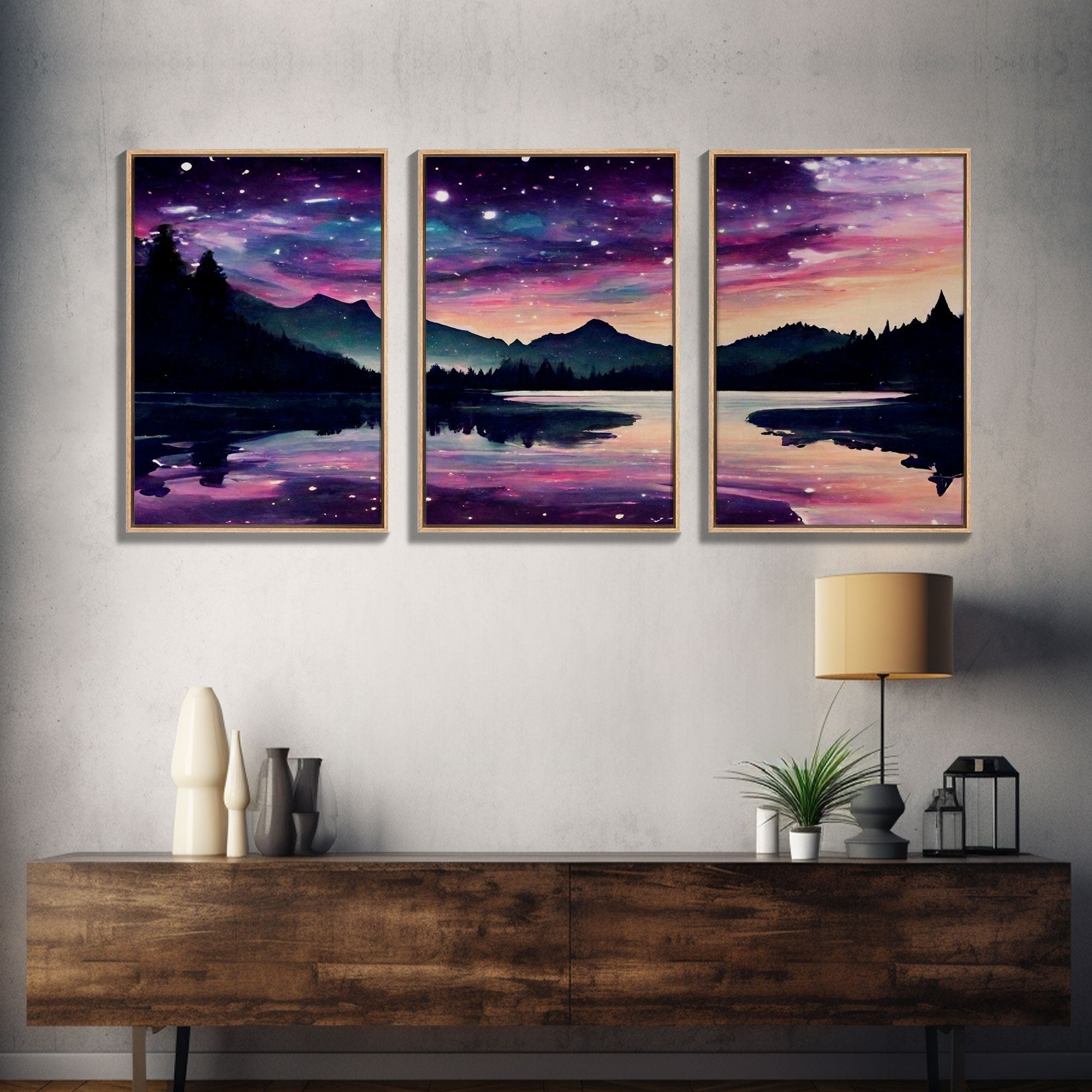 Fantasy Starry Night Magical Forest Landscape, 3 Piece Wall Art, Ready To Hang Canvas Print, Cool Unique Living Room Wall Art Decor | | Wiccan Center