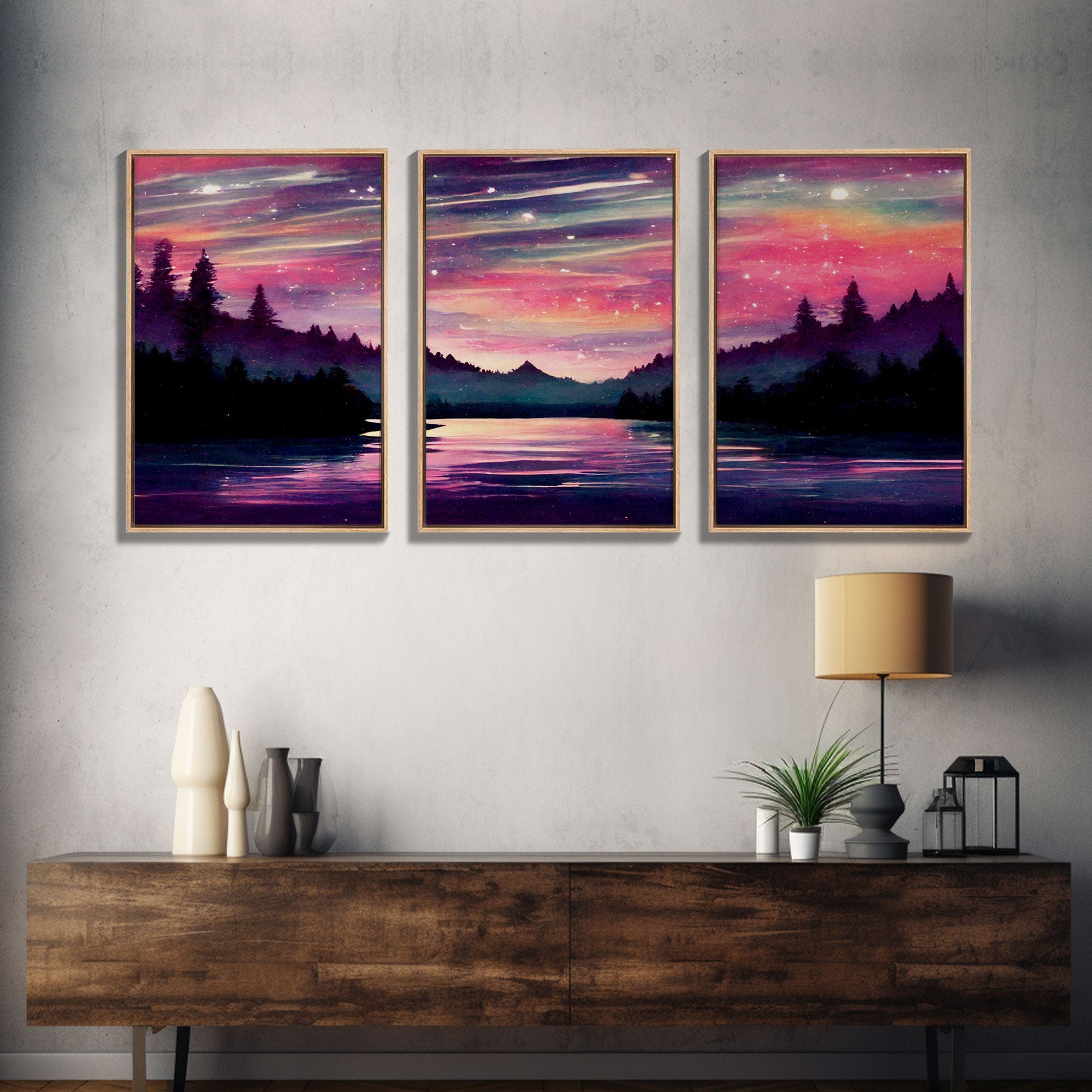 Starry Night Magical Forest Fantasy Landscape, 3 Piece Wall Art, Ready To Hang Canvas Print, Cool Living Room Wall Art Decor | | Wiccan Center