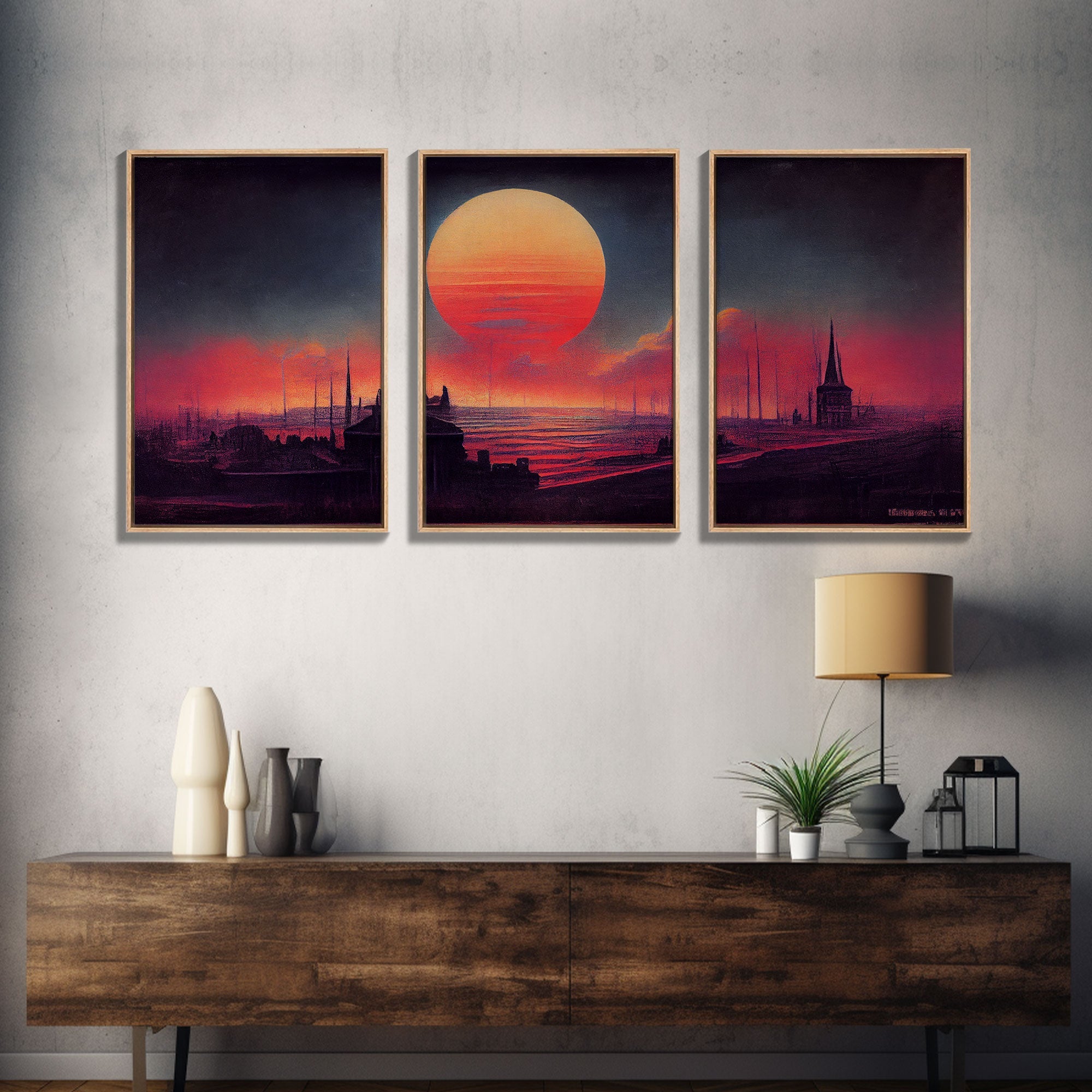 Haunted Sunset, Spooky Halloween Art, Gloomy Wall Decor, 3 Piece Canvas Decor, 3 Piece Wall Art, Ready To Hang Canvas Prints | | Wiccan Center