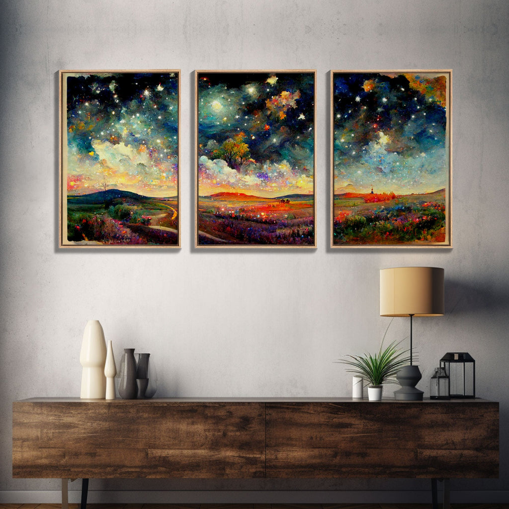Night Starry Sky Landscape Colorful Night Sky Nature Living Room Wall Art Spiritual Starry, 3 Piece Wall Art, Ready To Hang Canvas Print | | Wiccan Center