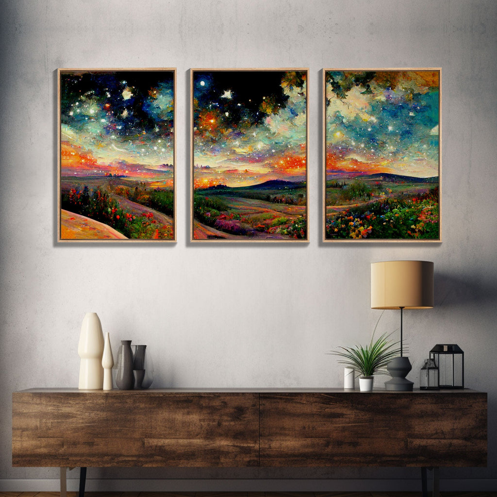 Night Starry Sky Landscape Colorful Night Sky Nature Living Room Wall Art Spiritual Starry, 3 Piece Wall Art, Ready To Hang Canvas Print | | Wiccan Center