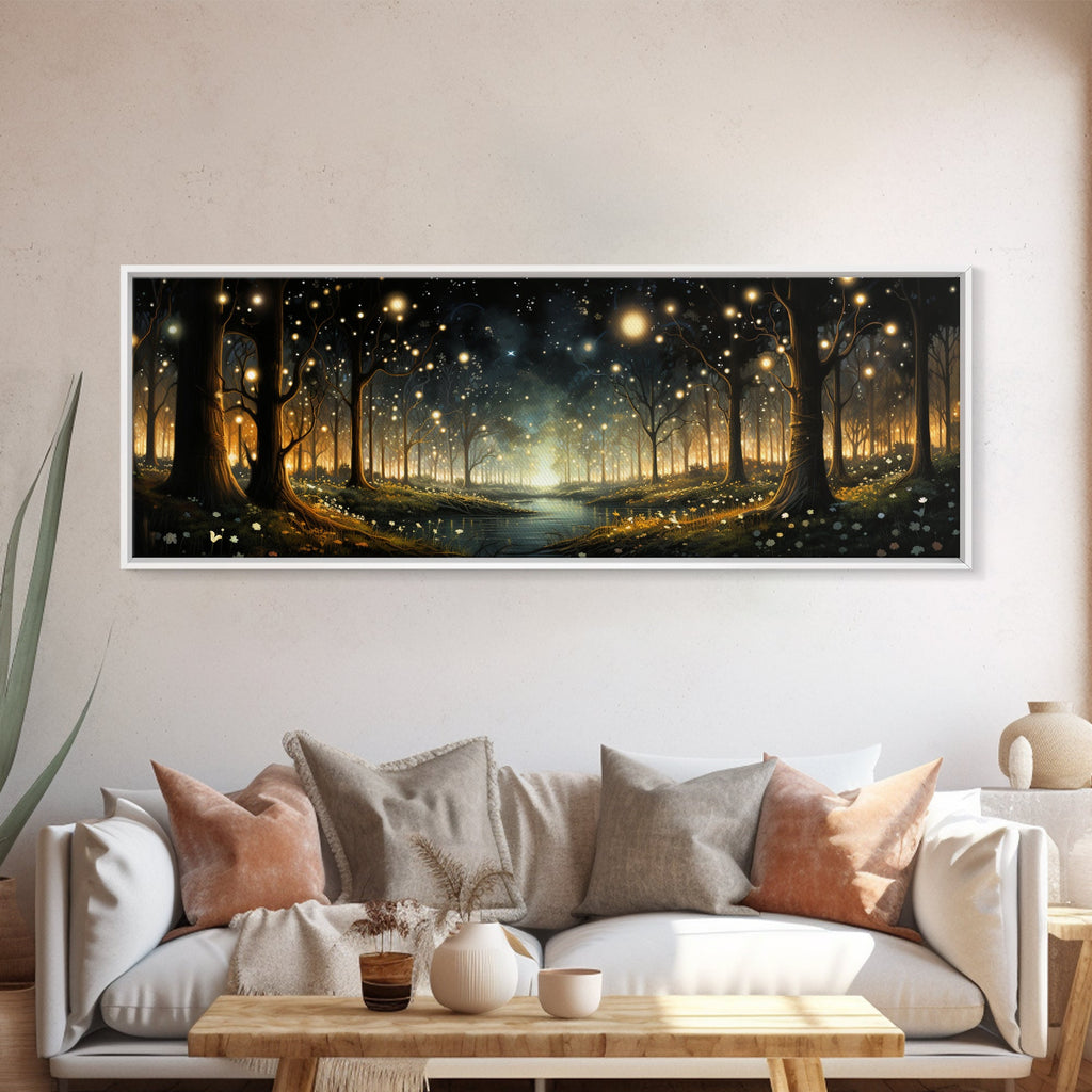 Fantasy Forest Fireflies - Framed Canvas Print - Gorgeous Fantasy Art with Glowing Lightning Bugs - Framed Wall Art for a Magical Touch | | Wiccan Center
