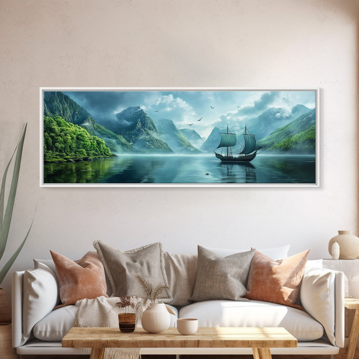 Pirate Ship In The Bay - Framed Canvas Print - Fantasy Decor - Original Landscape Oil Painting - Vintage Ship Painting - Panoramic Art