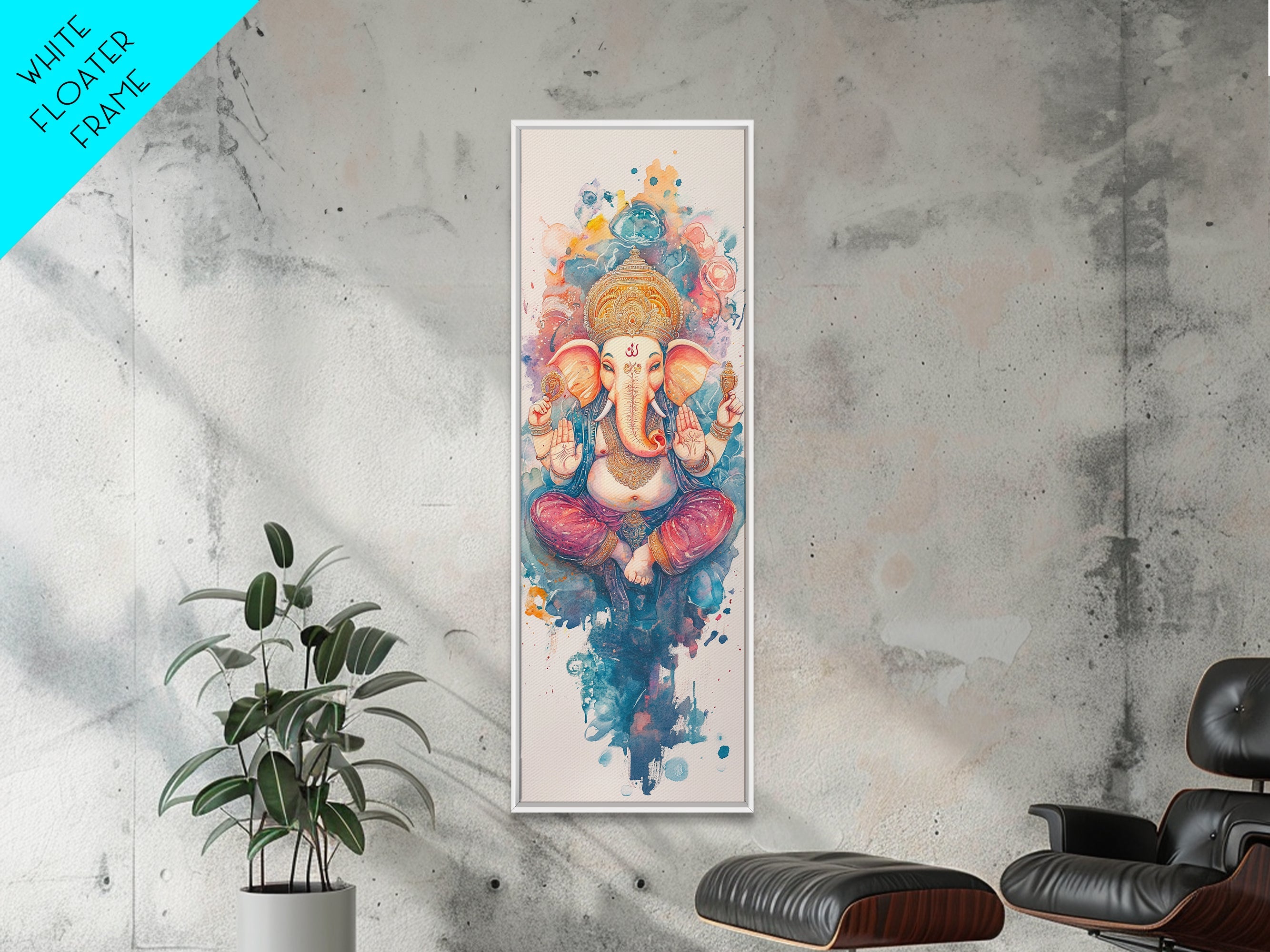 Ganesh wall art spiritual framed canvas print, Hindu god art, vibrant festival decor, meditation room art, sacred Indian home decor
