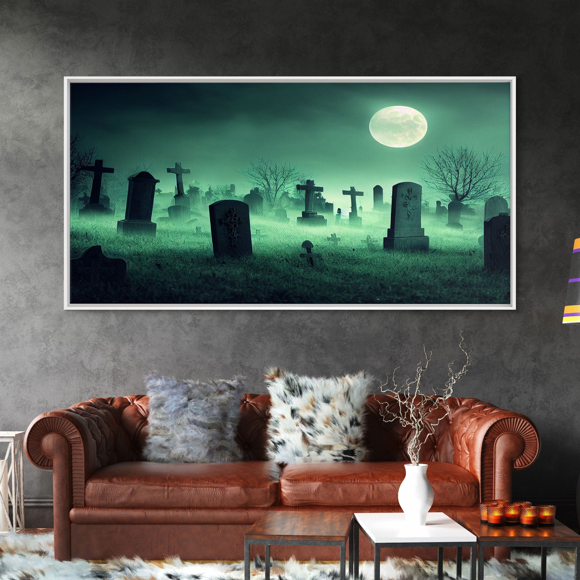 Full Moon Over A Haunted Cemetery At Night, Spooky Creepy Graveyard, ready to hang canvas print wall art, Halloween Art | | Wiccan Center