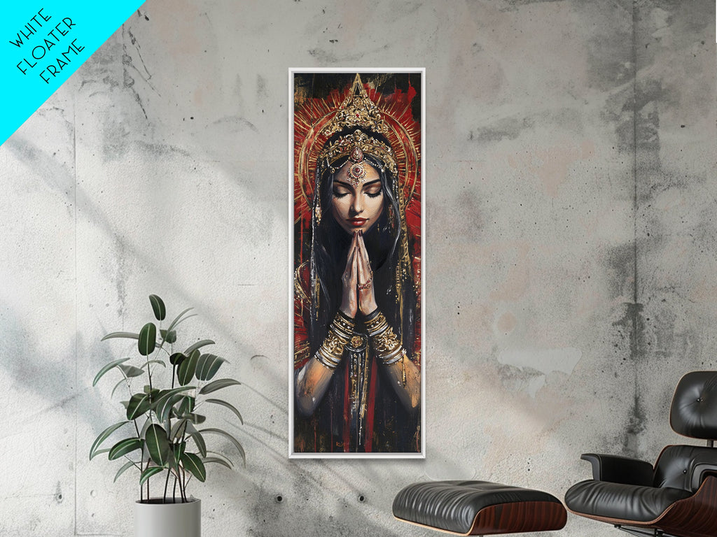 Goddess Prayer Painting Framed Canvas Print, Kerala Mural Art with Rich Red and Gold, Dark Angels Wall Art for Boho Bedroom Decor | | Wiccan Center