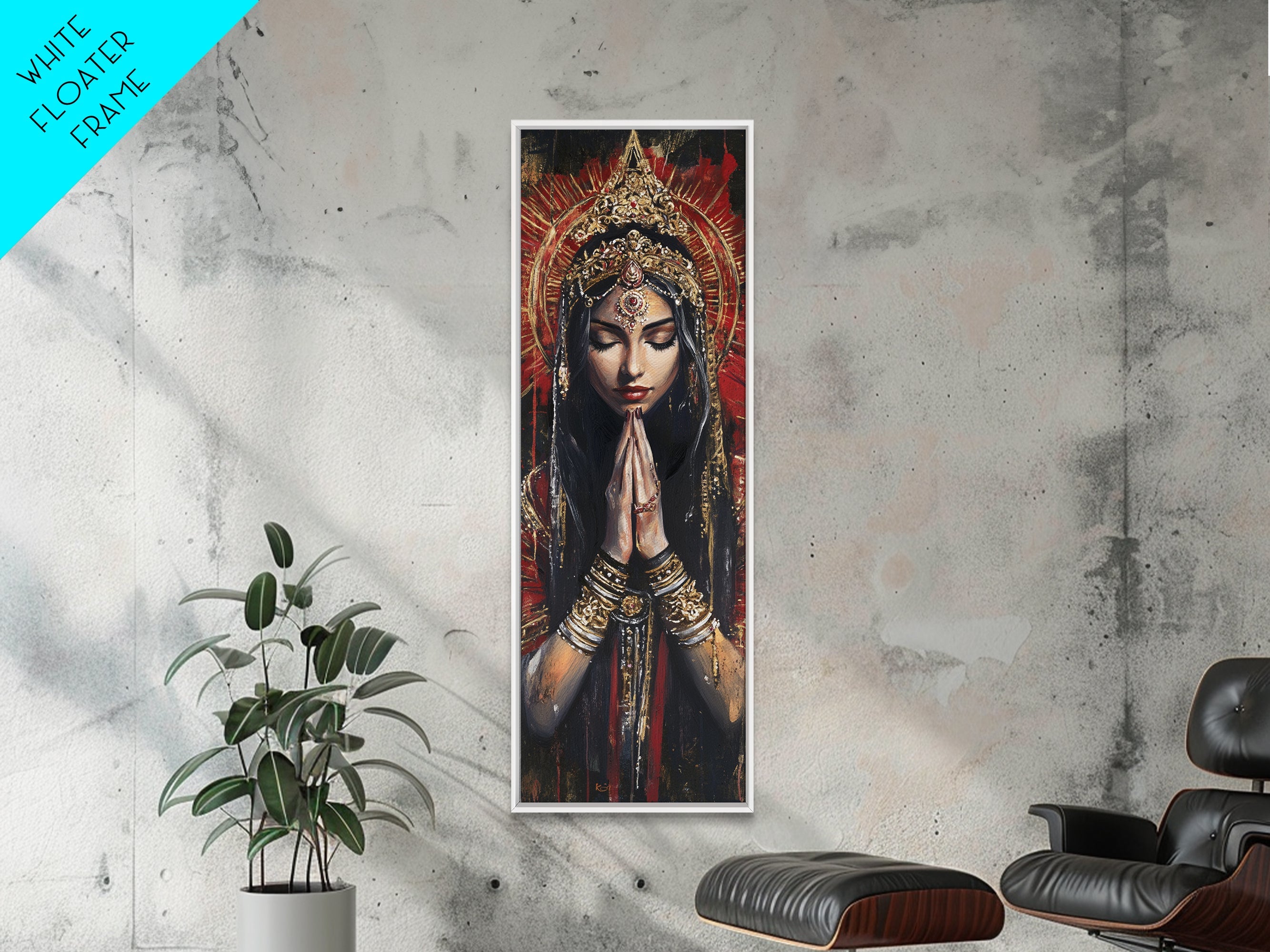 Goddess Prayer Painting Framed Canvas Print, Kerala Mural Art with Rich Red and Gold, Dark Angels Wall Art for Boho Bedroom Decor | | Wiccan Center